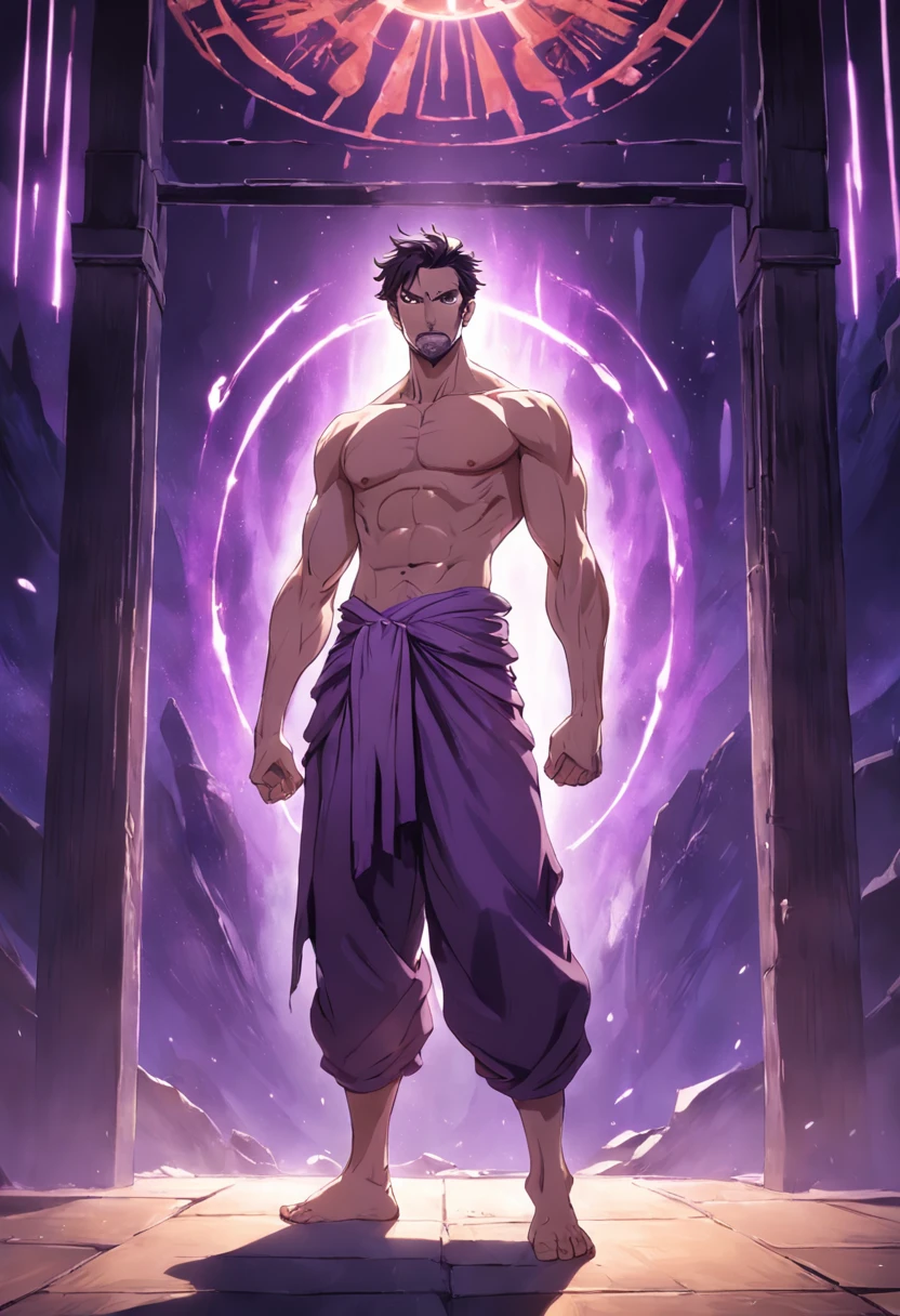A tall, muscular man is standing in front of a purple portal. He's shirtless, and his body is covered with very obvious scars and he has no weapon this one with his hands free. He wears a theatrical smile mask, and his monk trousers and shoes. The man is standing in silence, seus olhos fixos no portal. The portal is glowing with a purple light, e um som de assobio pode ser ouvido vindo de dentro.