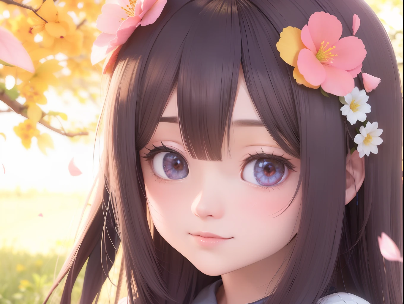 there is a woman with a flower in her hair posing for a picture, Kawaii realistic portrait, Anime style. 8K, photorealistic anime girl rendering, 3 d anime realistic, Soft portrait shot 8 K, anime styled 3d, sakura petals around her, sakura season dynamic lighting, 3d anime girl, style of anime4 K, 🌺 CGSesociety，ssmile，komono