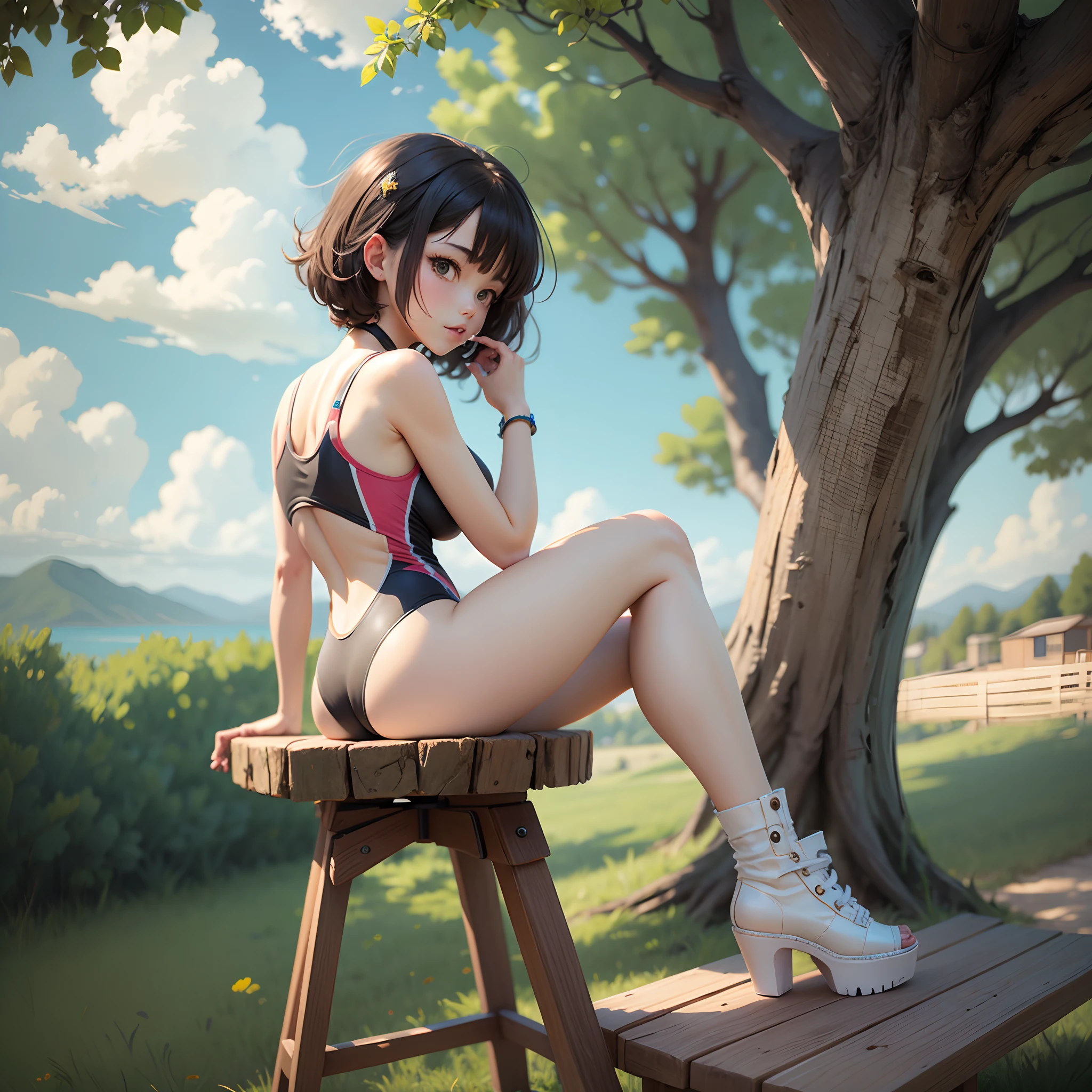 Hot anime girl sitting on small wooden stool and back side full body with wind face , Adorable, short swimsuit, Bright Colors, Pixar, Contour, Vector, White Background, --auto --s2