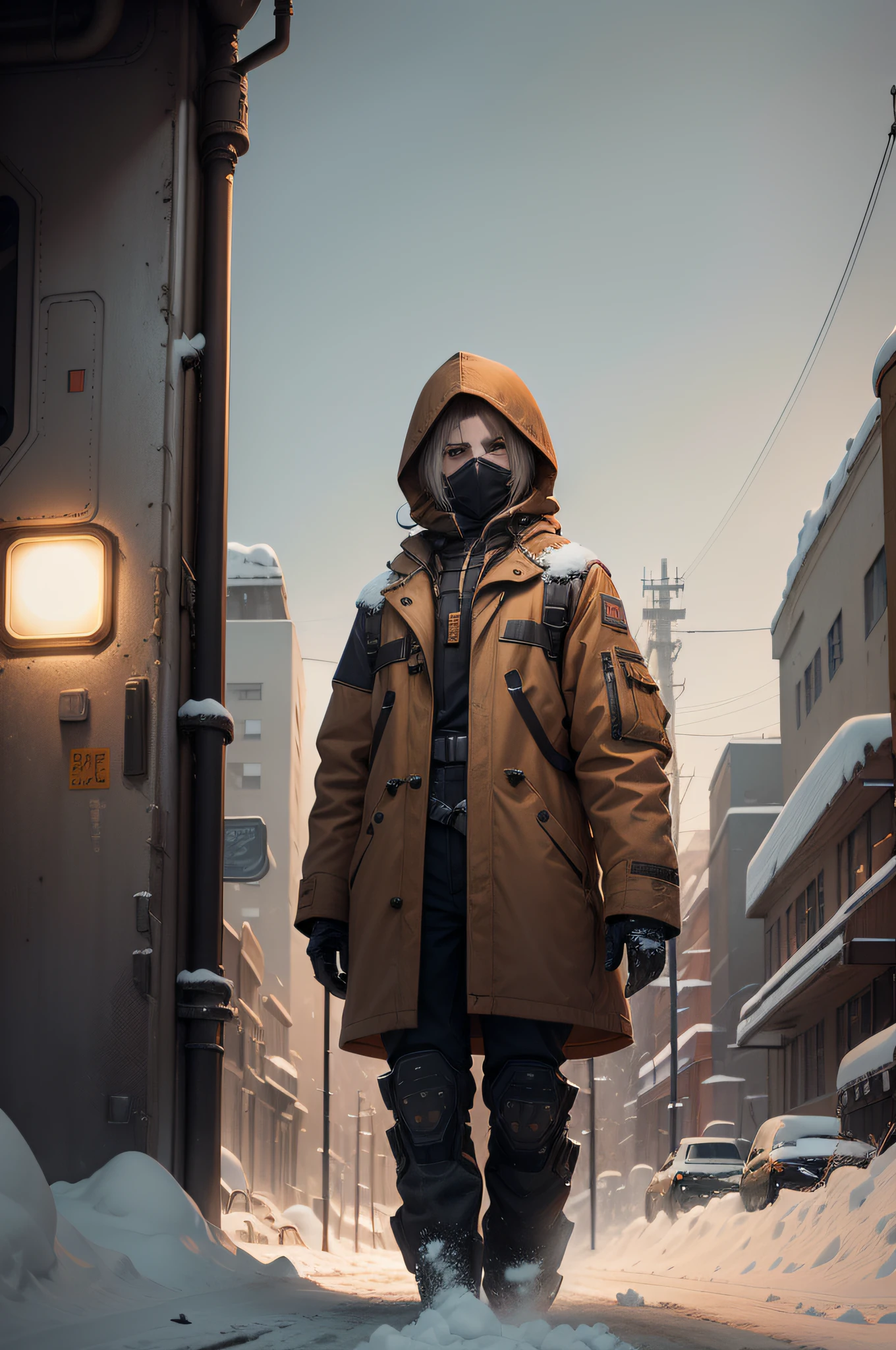 meticulously detailed cinematic photography , dark future,a group of people in the snow with a robot and a big machine on the street, portrait, industrial decay of extremely advance tech, dark beige, amber and rust. unusual aesthetic, inricate. --ar 16:9 --s 1000 --weird 200 --c 20