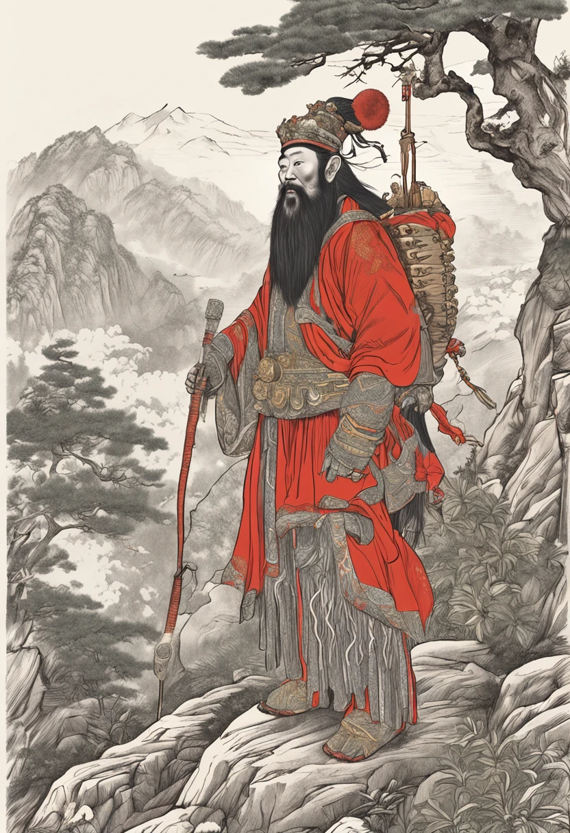 On ancient mountains,Sunny spring,A bright red color soaks a bamboo forest。The Qi Tian Great Saint Monkey King stands on the top of the mountain,Wears a golden crown,Wears intricately patterned chain mail,Holding a golden hoop rod,The delicate fur texture on the body shows photo-level realism。Soft natural light shines on him,His light brushstrokes outline his agility。A touch of freshness and harmony comes from the green bamboo forest,Sketch a mythical scene。