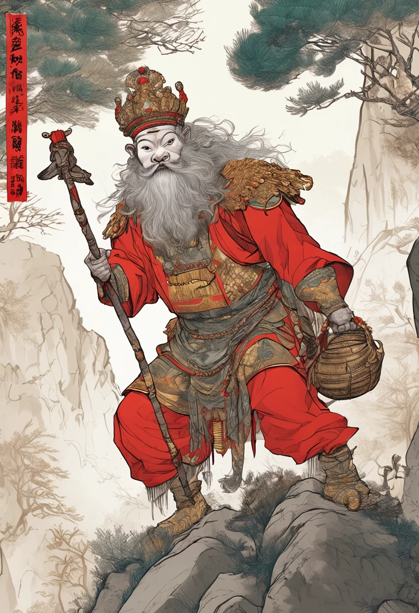 On ancient mountains，Sunny spring，A bright red color soaks a bamboo forest。The Qi Tian Great Saint Monkey King stands on the top of the mountain，Wears a golden crown，Wears intricately patterned chain mail，Holding a golden hoop rod，The delicate fur texture on the body shows photo-level realism。Soft natural light shines on him，His light brushstrokes outline his agility。A touch of freshness and harmony comes from the green bamboo forest，Sketch a mythical scene。