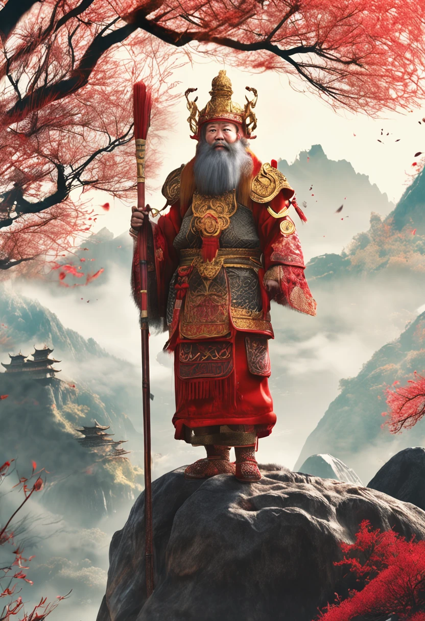 On ancient mountains，Sunny spring，A bright red color soaks a bamboo forest。The Qi Tian Great Saint Monkey King stands on the top of the mountain，Wears a golden crown，Wears intricately patterned chain mail，Holding a golden hoop rod，The delicate fur texture on the body shows photo-level realism。Soft natural light shines on him，His light brushstrokes outline his agility。A touch of freshness and harmony comes from the green bamboo forest，Sketch a mythical scene。