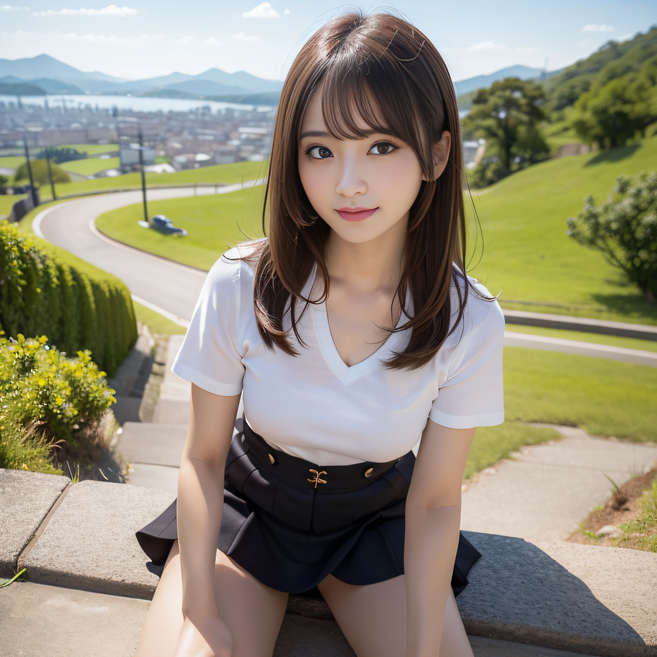 in 8K,Best Quality:1.4, 超A high resolution:1.5, (Photorealistic:1.4),​masterpiece:1.2,(top-quality:1.4)、 Raw photo、(the background is blurred), On a hilltop with a good view:1.4、blue-sky、lawn、FULL BODYSHOT:1.8、 1日本人の女の子, Cute, (Solo), (Shy smile), Smooth skin、(35 year old:1.2)、ＴThe shirt、to stand、Check miniskirt、Cute mini skirt、beauty legs、Slender feet、 (Brown medium hair,Bangs), (touch hair:1.4)、nogizaka、cute little、Supple fingertips,Beautiful black eyes、natural skin textures:1.3, realistic eyes and face details:1.7、middlebreasts、gazing at viewer、gravure、low angles、Katyusha、scenic