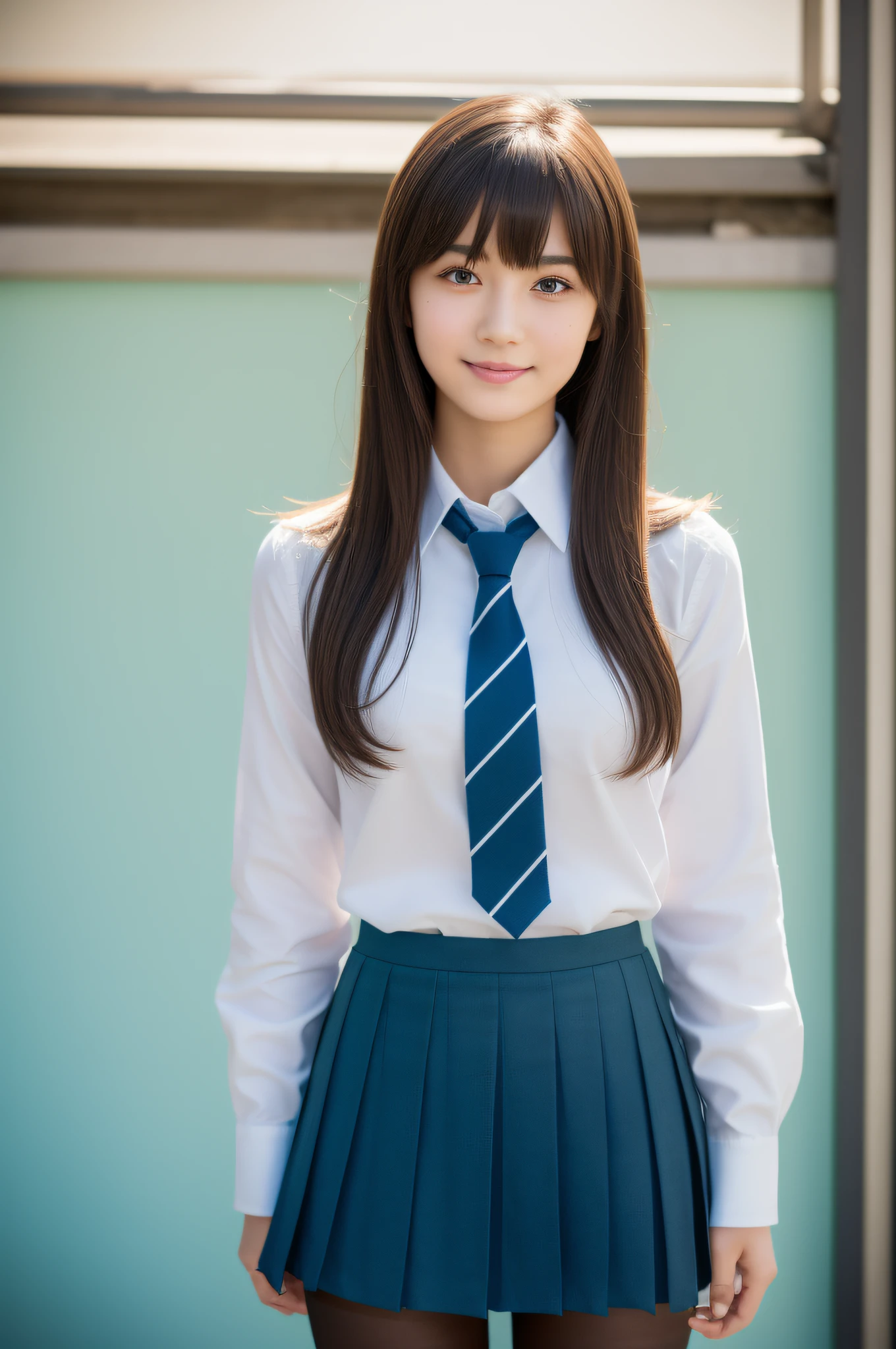 8K, Top Quality, Real Image, Complex Detail, Ultra Detail, Ultra High Definition, Depth Field,(Photorealistic,Real:1.2),Masterpiece, 0.25 :: Close Up , Straight On Shot , Middle Out ,
One girl, ai_chan, very beautiful -yeld gi innocent big eyes, (Brown_SHORT_hair), (GREEN_eyes: 1.0), (bangs), disheveled hair, (hair clip), perfect shiny skin, perfect skin, fair skin, medium breasts, slender, cleavage, thin waist, light blush, solo, looking at the viewer, light smile,
wear ((school_uniform), (white_skirt), (BLUE_Long_Tie), (BLUE_pleated_skirt), (Black_pantyhose): 1.2),
(Gravure Pose: 1.1),
sunset
Japan High School ,Full Body