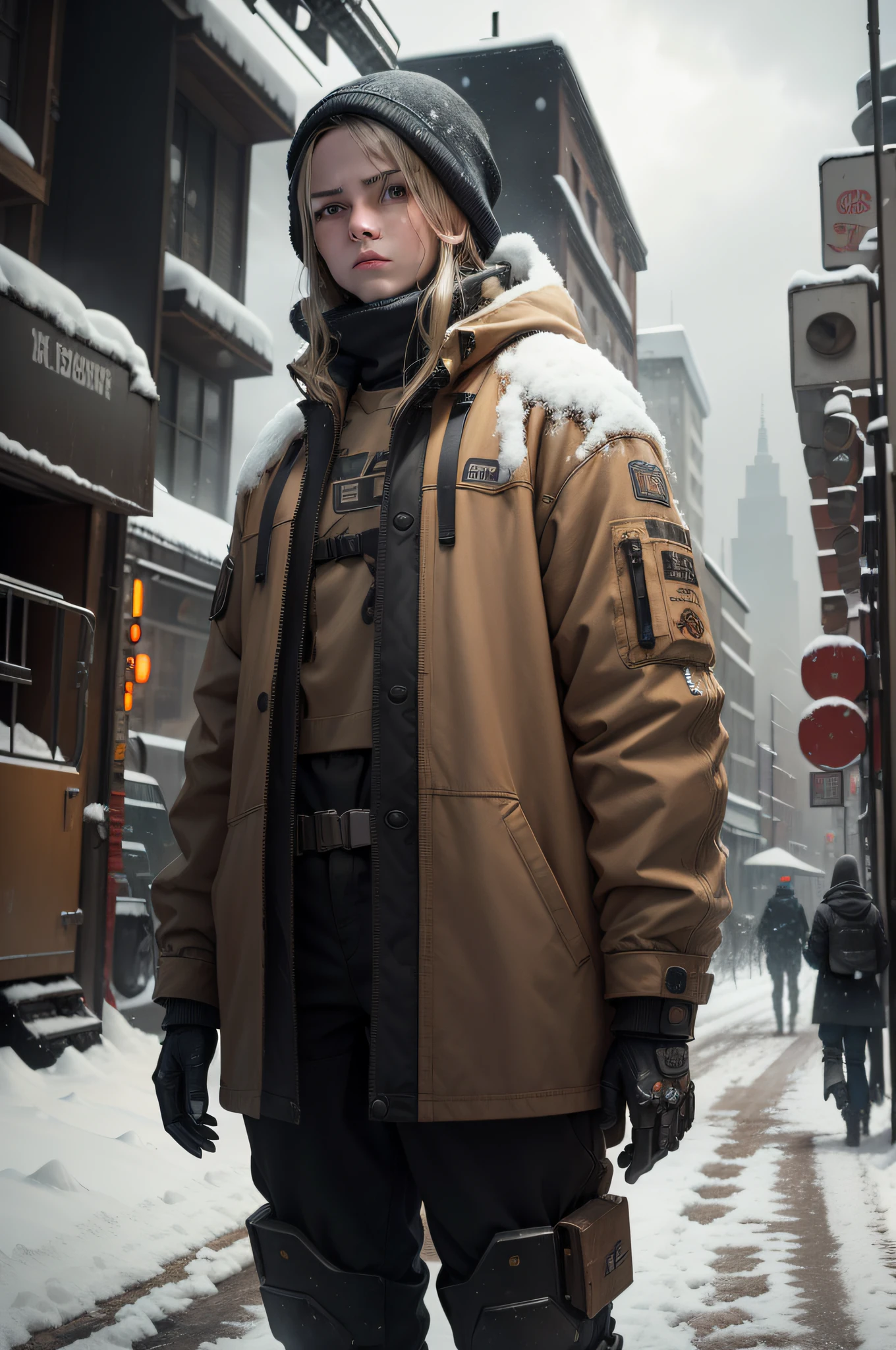meticulously detailed cinematic photography , dark future,a group of people in the snow with a robot and a big machine on the street, portrait, industrial decay of extremely advance tech, dark beige, amber and rust. unusual aesthetic, inricate. --ar 16:9 --s 1000 --weird 200 --c 20