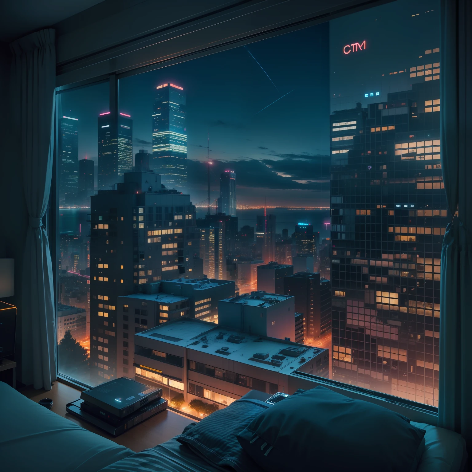 Night view from the hotel room cyberpunked SF Art Top Quality masterpiece beautiful night scene masterpiece neons