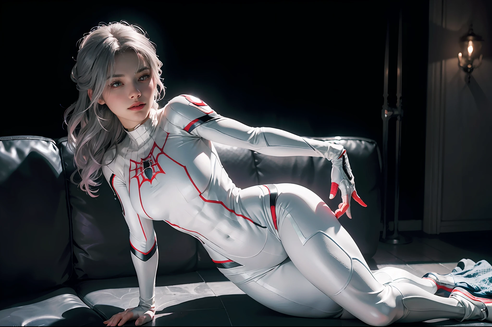 (Extreme Detail CG Unity 8K wallpaper, masterpiece, highest quality), (Exquisite lighting and shadow, highly dramatic picture, Cinematic lens effect), a girl in a white Spider-Man costume, silver gray hair color, from the Spider-Man parallel universe, Wenger, Marvel, Spider-Man, sitting on the couch, dynamic pose), (excellent detail, excellent lighting, wide angle), (excellent rendering, enough to stand out in its class), focus on white Spider-Man costumes, complex spider textures