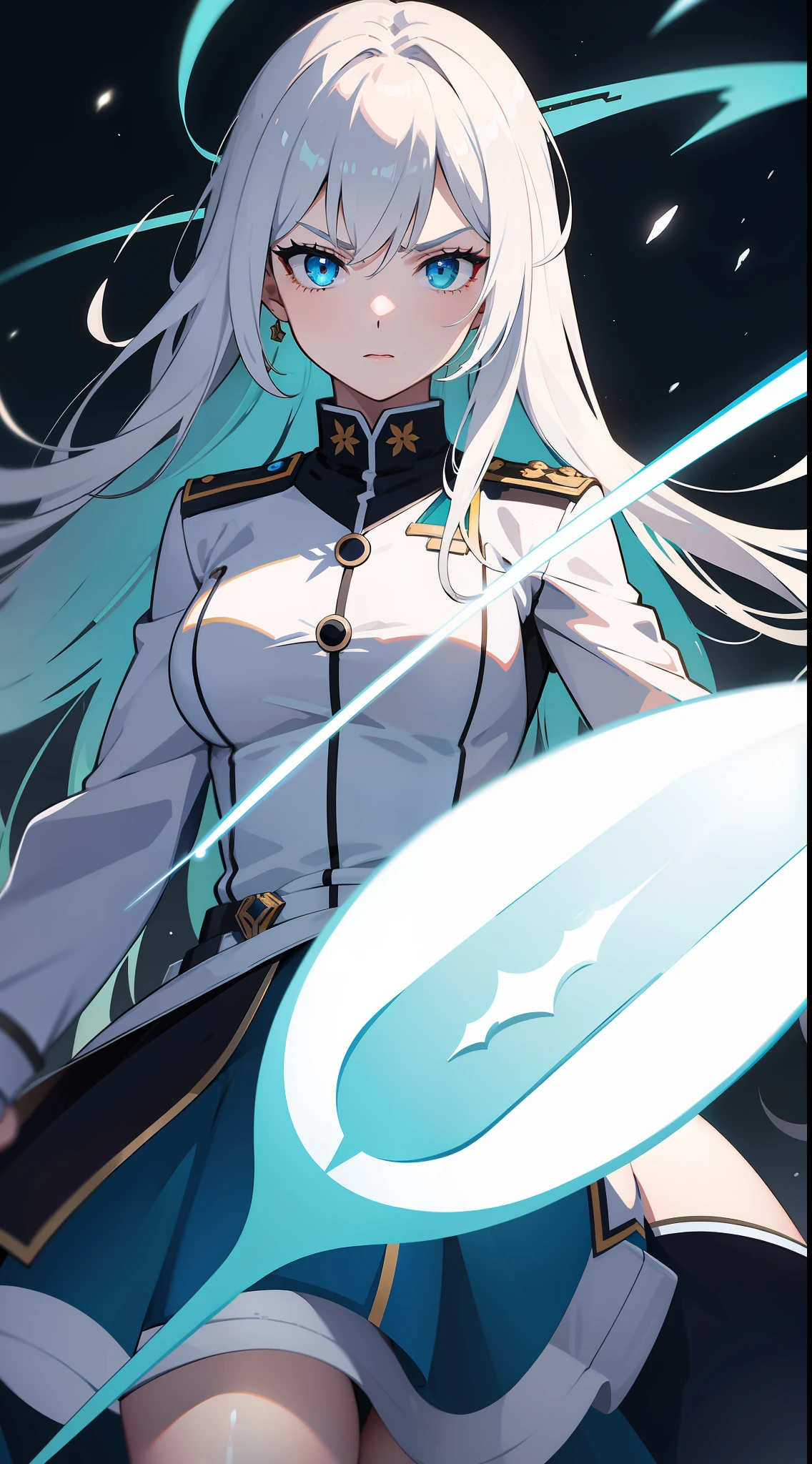 Adult woman, Long white hair, Cyan eyes, White general's uniform, spear, blue lipstick, anger, Masterpiece, hiquality