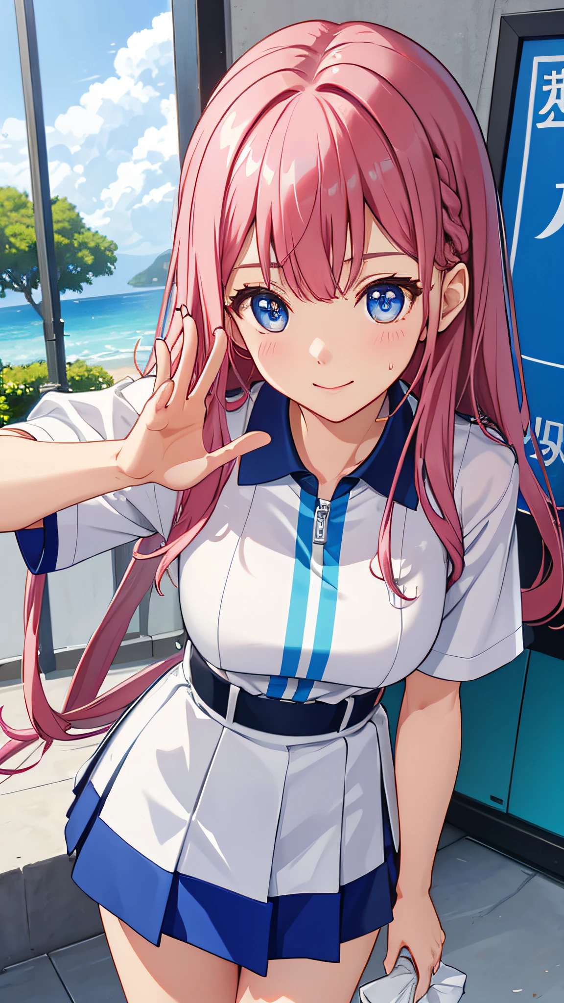hoang lap、tmasterpiece、Best quality、realisticlying、hyper-detailing、(Shiny skin,sweat leggs:1.4)、slim、Look at the audience、1girl、solo、tennis wear、Colorful polo shirt、White sneakers、Colorful miniskirt、long whitr hair、silber hair、eBlue eyes、(thick thight:0.5)、动态照明、A high resolution、sharp fokus、depth of fields、mediuml breasts