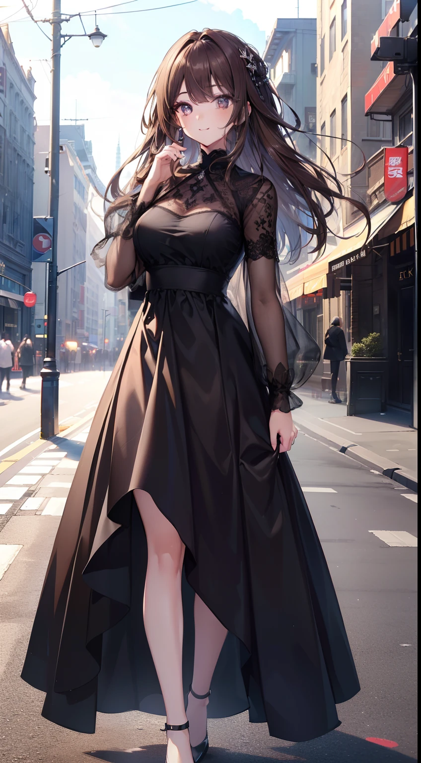 ((Best quality, 8k, Masterpiece :1.3)), 1girl, smiling, full body, slim face, Pretty woman, (Dark brown hair), full length dress :1.1, Ultra-detailed face, Detailed eyes, Double eyelid, blur background, slim face, city, outside, street,