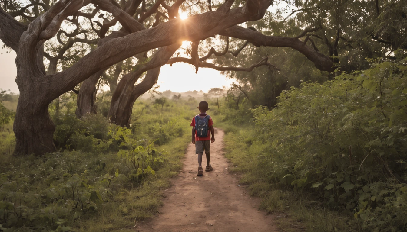 a boy walks on a trail leading to a village at dawn