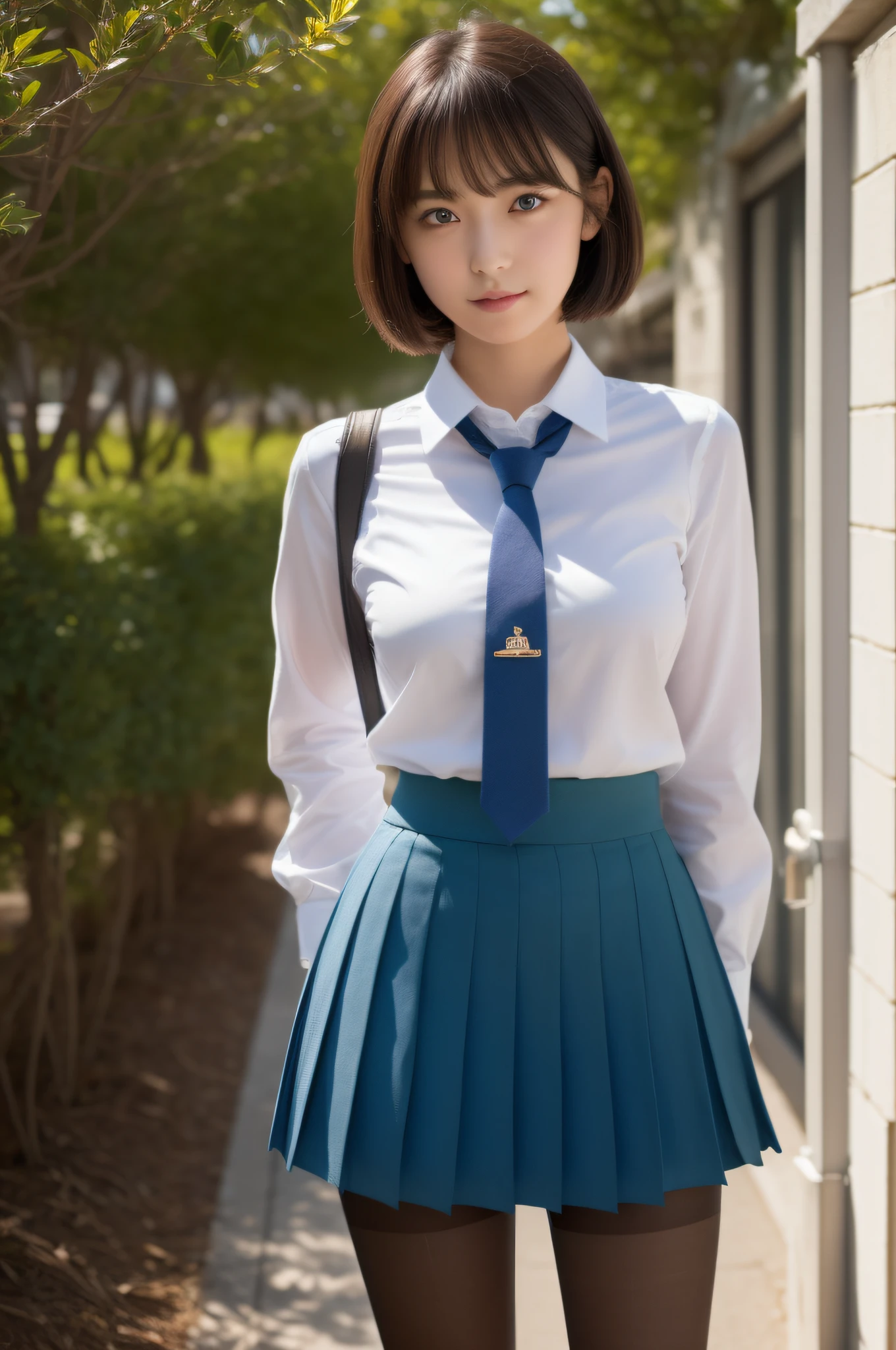8K, Top Quality, Real Image, Complex Detail, Ultra Detail, Ultra High Definition, Depth Field,(Photorealistic,Real:1.2),Masterpiece, 0.25 :: Close Up , Straight On Shot , Middle Out ,
One girl, ai_chan, very beautiful 17-year-old girl, innocent big eyes, (Brown_SHORT_hair), (GREEN_eyes: 1.0), (bangs), disheveled hair, (hair clip), perfect shiny skin, perfect skin, fair skin, medium breasts, slender, cleavage, thin waist, light blush, solo, looking at the viewer, light smile,
wear ((school_uniform), (white_skirt), (BLUE_Long_Tie), (BLUE_pleated_skirt), (Black_pantyhose): 1.2),
(Gravure Pose: 1.1),
sunset
Japan High School ,Full Body