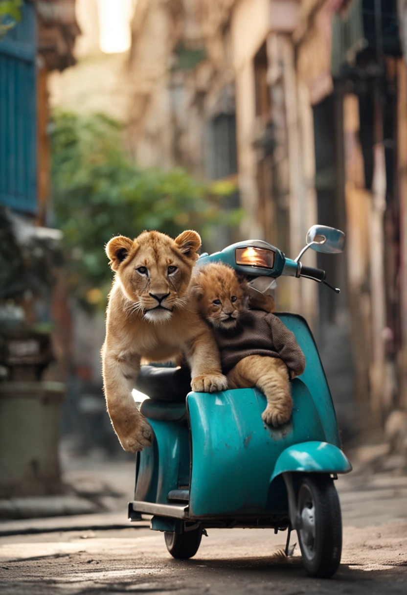 A baby lion delivery man rides a scooter to deliver food