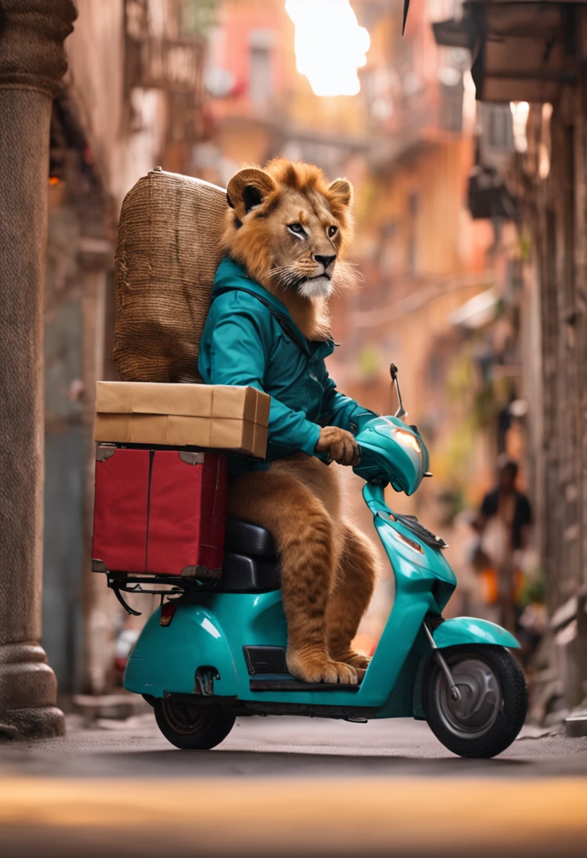 A baby lion delivery man rides a scooter to deliver food