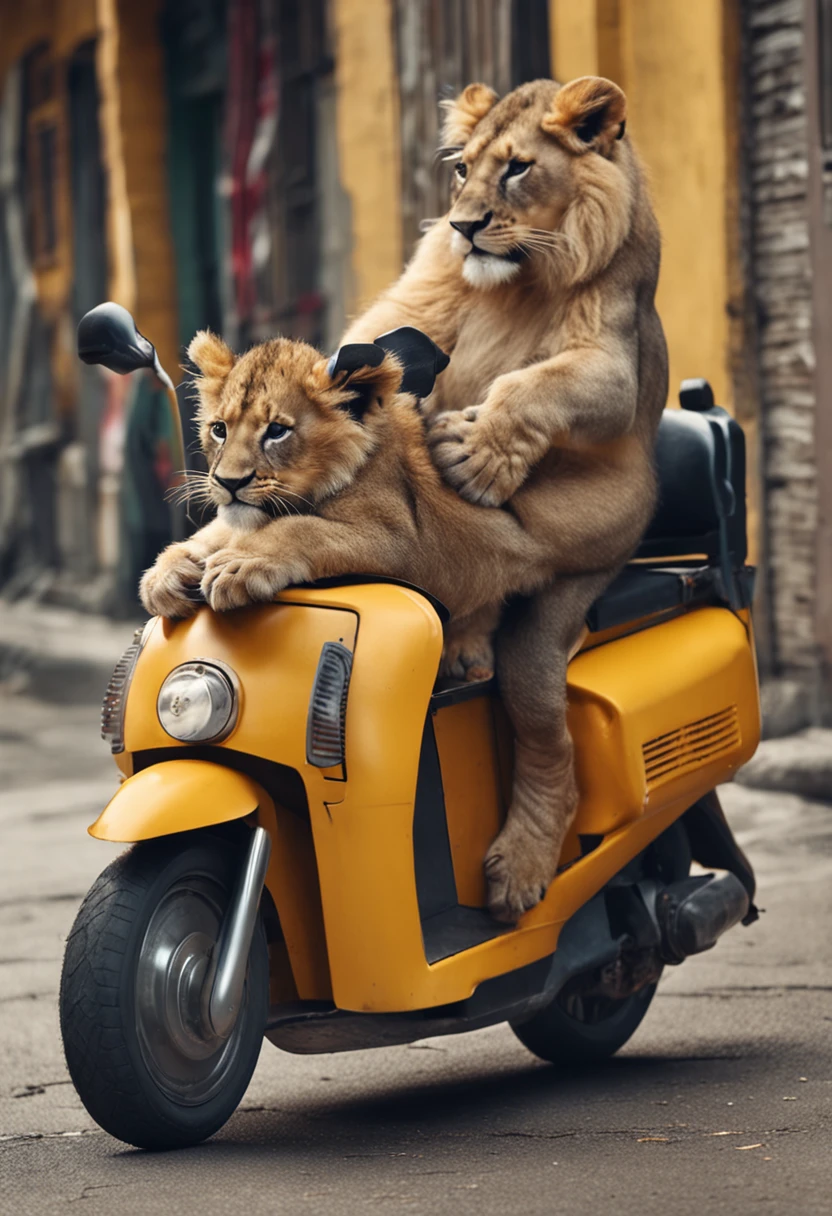 A baby lion delivery man rides a scooter to deliver food