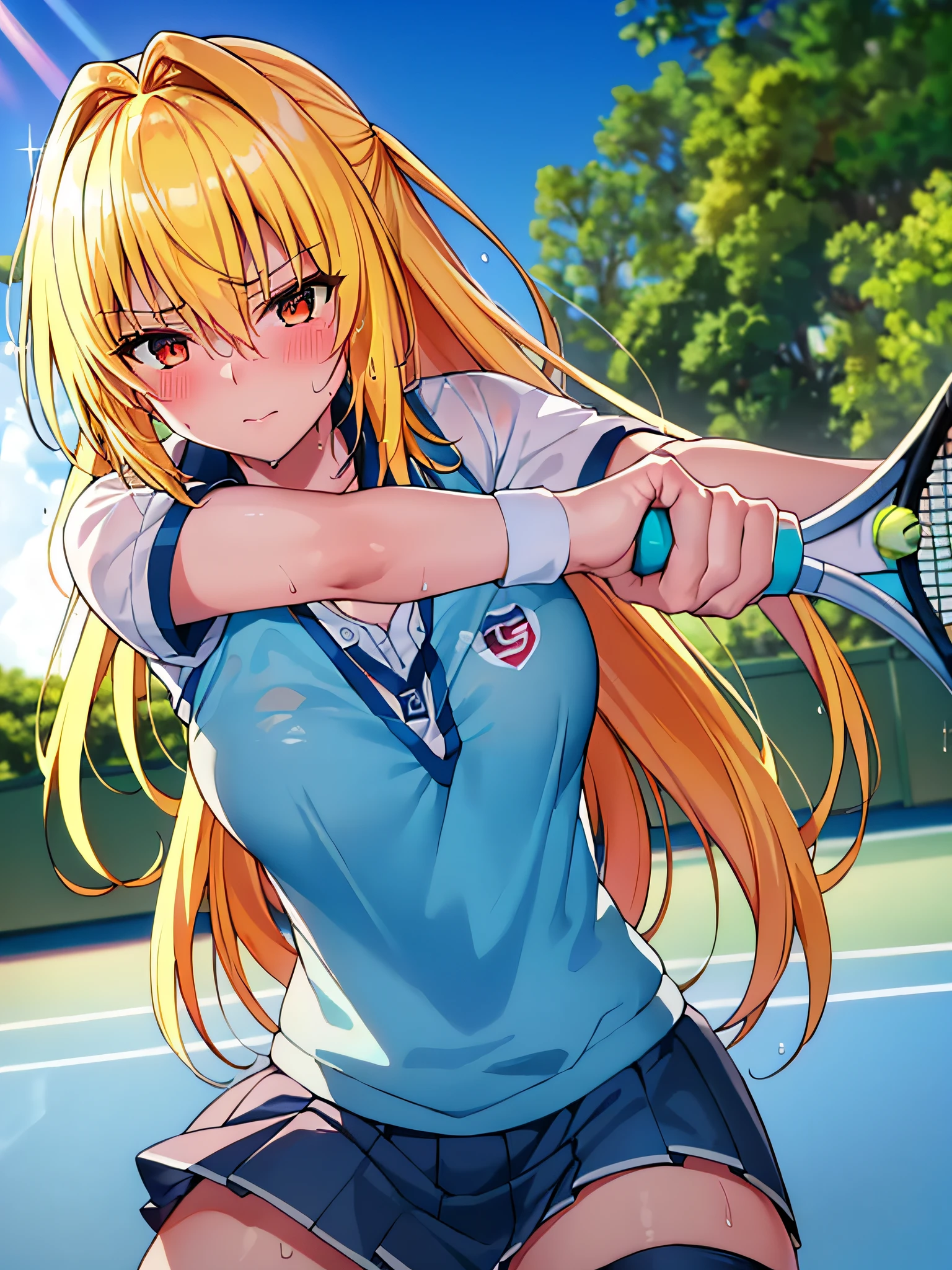 Masterpiece++, Best quality++, Ultra-definition++, Ultra-definition++, 4k++, 8k++, (background focus)++, very detailed, ((tennis court))++, (((Tolove Ru Yami)) )+++, ((tennis player)), (((tennis uniform)))+++, ((mature woman playing tennis ball))++, (tennis racket), blush, (list on wrist band), (blond hair), (super shiny hair and skin), (sunlight), ((beautiful)), sweaty body, cleavage, lively, sweating, serious expression, perfect eyes , perfect hands, perfect nose, ToLOVE Ru Yami, bright atmosphere, (wet effect)+, (light effect), (cinematic light)+, (light cinematic)+