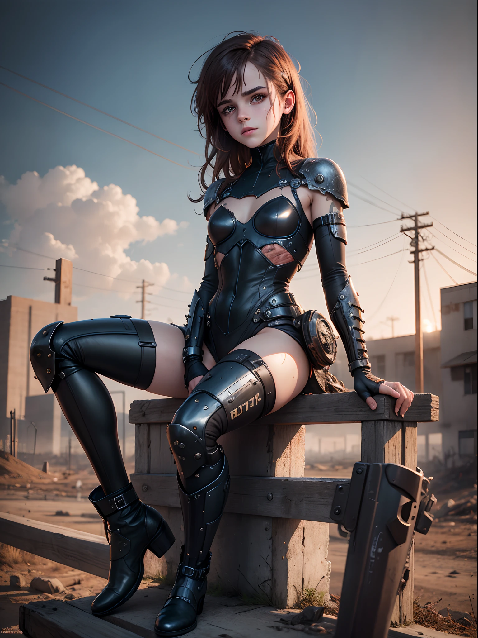 teen emma watson as a cyborg girl sitting on a fence as a captivating figure amidst the desolation. shiny boots. her physical appearance tells a story of tragic transformation, evoking both fascination and a sense of unease. the cyborg girl remain youthful among the relentless grip of death. herflesh, still vibrant and alive, now hangs in tattered shreds, exposing patches of decomposed flesh and bone beneath