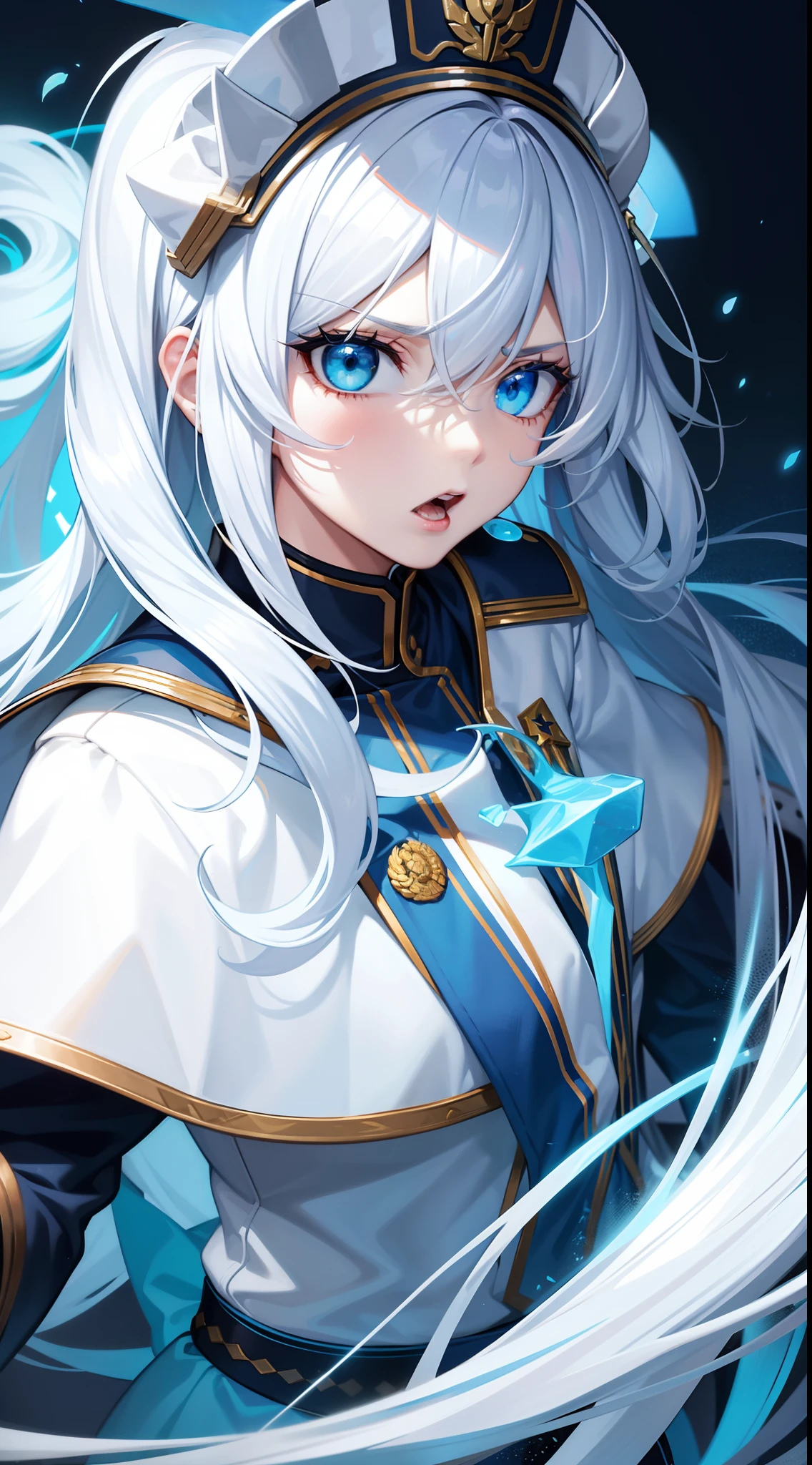 Adult woman, Long white hair, Cyan eyes, White general's uniform, spear, blue lipstick, anger, Masterpiece, hiquality