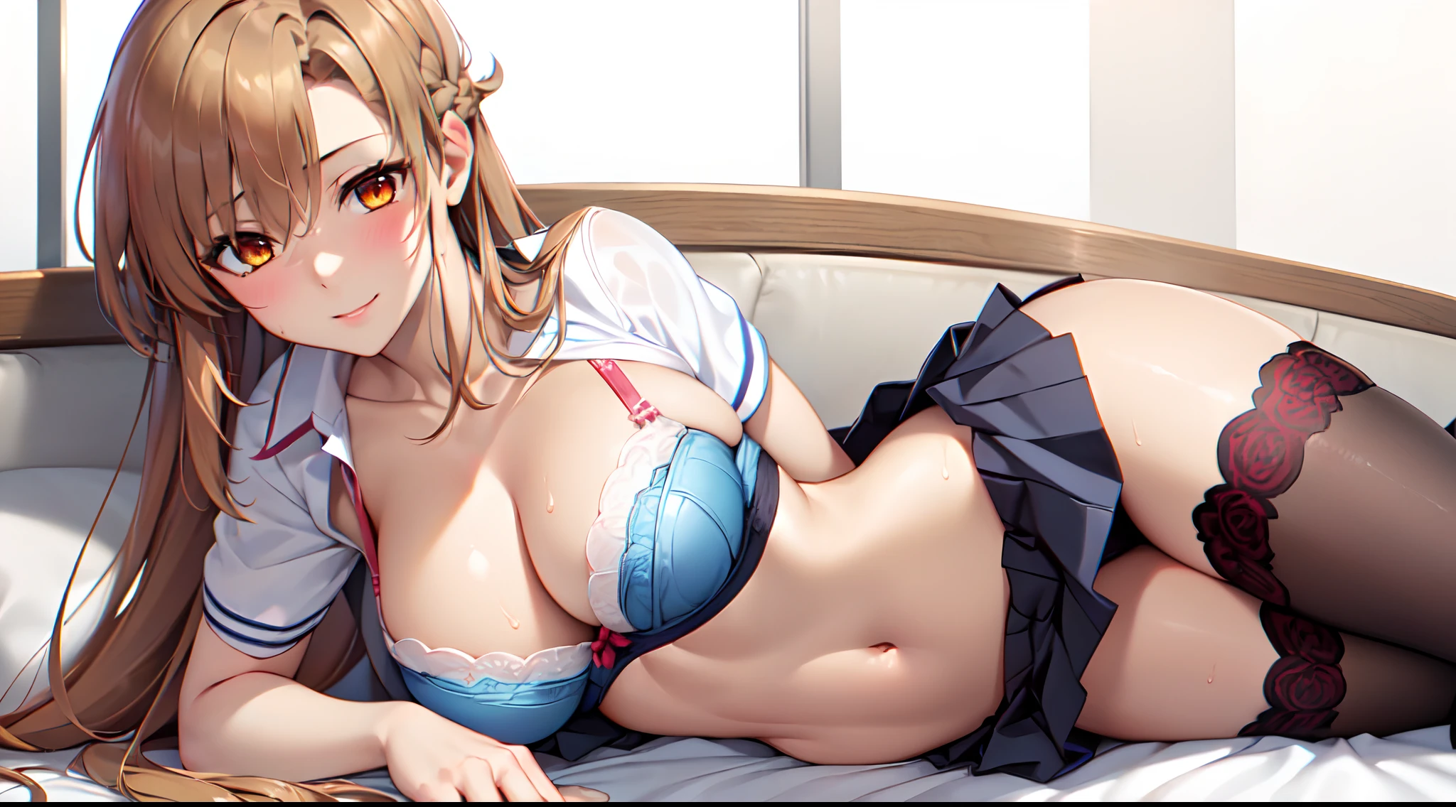 Official art、(Highly detailed CG Unity 8K:1.5),(Realistic,hyper realisitic:1.5),Perfect litthing、colourfull、Bright Front face Illuminating、(Skindentation),(White underwear:1.5),(Style image of woman in white underwear:1.5),(School uniform,Blazer,Cardigan,Jacket,Short sleeves,White shirt:1.5)
(Master Pieces:1.5), (best_quality:1.5), Super Hi-Vision, super detailing,upper view, Sweat,Seductive smile,
Photo Shot,hight resolution,(absurderes:1.2),Kodak Portra 400,film grains,(lensflare:1.2)、(vivd colour:1.5),
(cowboys_shot:1.4),during daytime,Sunsight,(Asuna:1.5),(Asuna Yuki:1.5),(Bra with ribbon:1.3),(lying on the bed:1.5),
(Orange Eyes:1.5),Before parting,Beautiful breasts in the hair,perspiring,length hair,(chestnut-colored hair:1.5),(Maroon hair:1.5),hugetits,(Solo:1.5),on the beds,(neat figure:1.5)
(a 1 girl:1.5)、18year old、High school students、Beautiful Finger、beautiful long leg、Beautiful body、Beautiful nose、Beautiful character design,Perfect eyes,face perfect,a navel,Beautiful hair,Sweat,Animated,cleavage,bikini of, Bra, Panties, (Wet clothes,Exquisite cloth,beautifully detailed eyes,), (Portrait),
(lovly、Large breasts:1.5),(Beautiful face:1.5),(narrowwaist:1.3)、A seductive anime girl、beautiful alluring anime woman、Beautiful charming anime teen、Smooth Anime CG Art、Beautiful anime girl、charming anime girls、The best girls in anime、beautiful anime woman、oppai、Ecchi anime style、lascivious,Exquisite cloth,(Highly detailed bra、Ren Hao、Lace-trimmed legwear、delicate patterns、intricate detailes:1.5)、red blush、shinny skin、oestrus,(Dark blue pleated skirt:1.5),A seductive anime girl、Small curved loli、Smooth Anime CG Art、beautiful alluring anime teen、photorealistic anime girl render、beautiful alluring anime woman、animesque,Soft lighting、Beautiful anime girl、charming anime girls、Perfect body with realistic shading,(Black stockings:1.3),