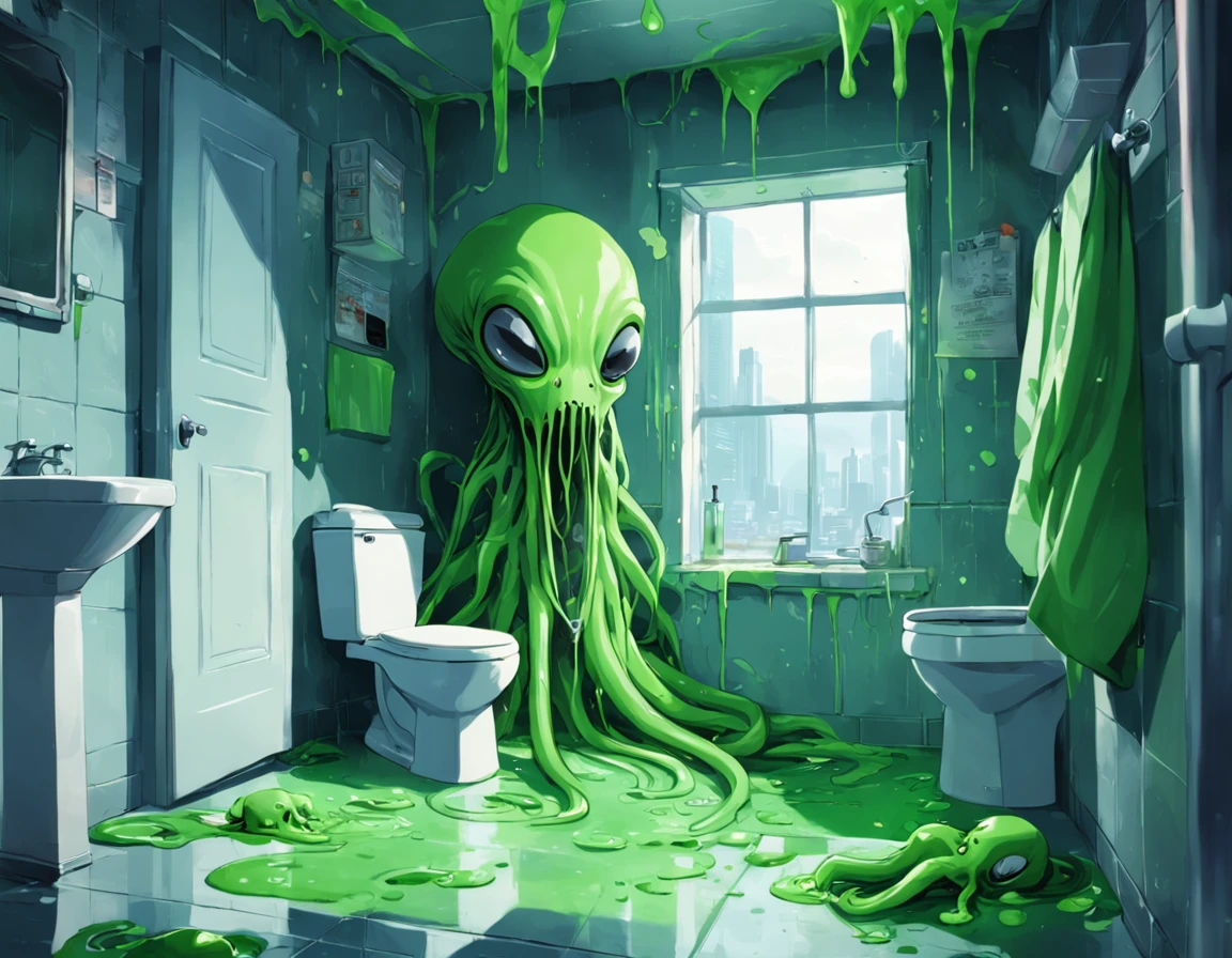 Alien spot of green slime with tentacles,Invasion of alien green slime spots coming out of the toilet,fondo:Small bathroom,1aseo,1ventana,Piso de tablero de ajedrez,mess,newspapers,(Explosiones de limo verde),