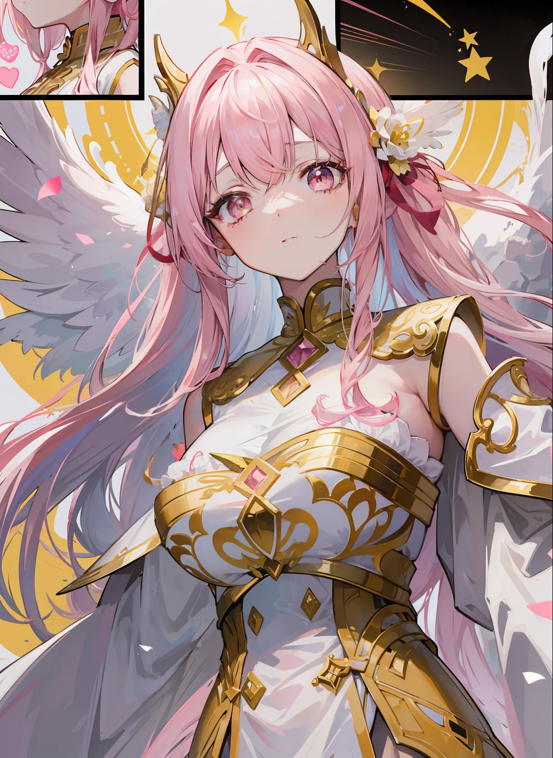 1man, male, guy, blonde long hair, pink eyes, masculine features, heart tattoo on cheek, heart details, silver crown with roses on top, royal attire, showing torso, sweet smile, blushed cheeks, standing far away in a cloud background, bow and arrow in hand, white fairy wings, cupied, absurdres, high res, ultrasharp, 8k, masterpiece, looking at viewer