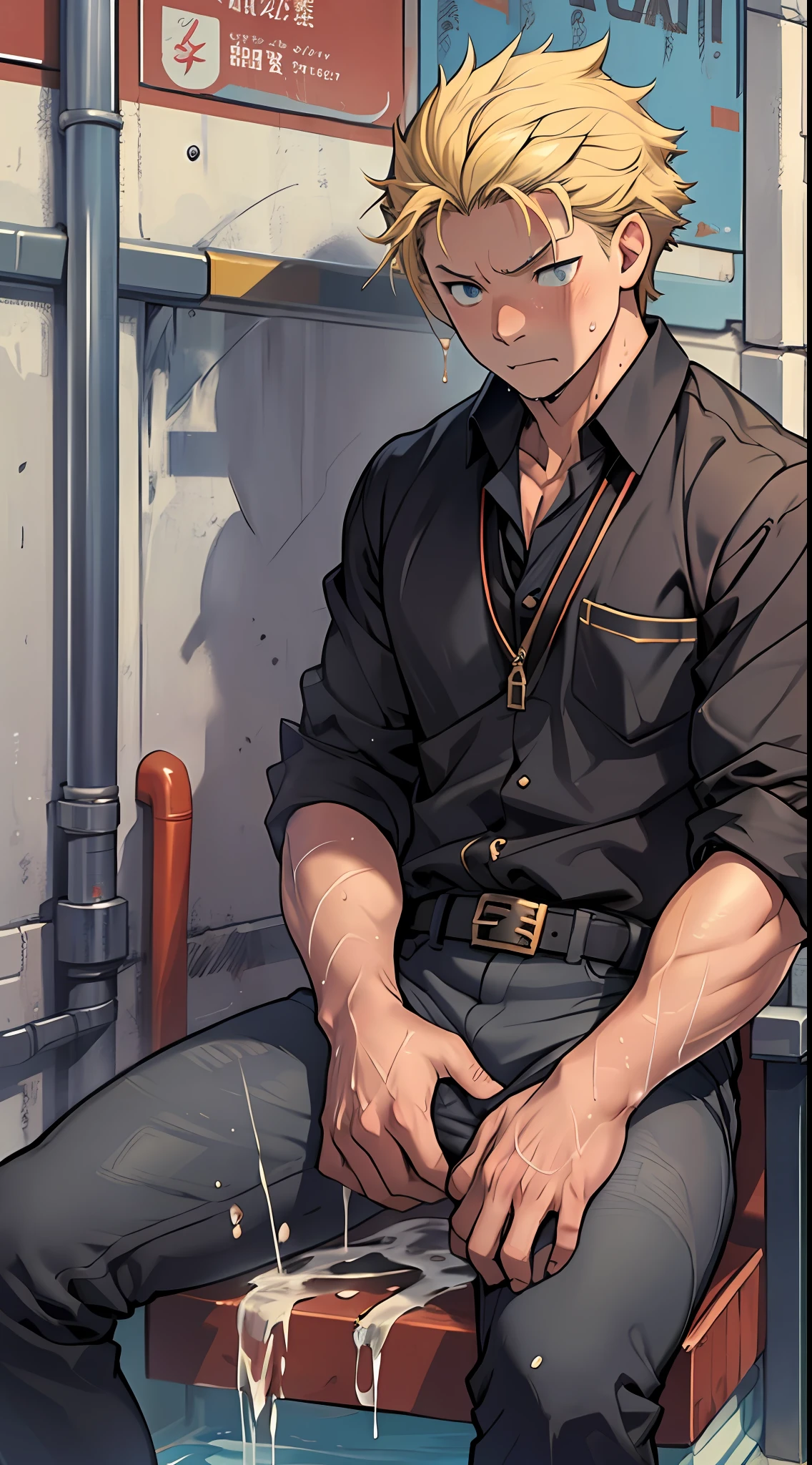 (1 Adult male),A high resolution, Sharp focus, Pixiv masterpiece, ((Complicated details)), highly detailed, natsuki_subaru, 1 man,perfect male figure,Urine on the trouser leg, Nervously bow your head,is shy,embarressed,exhilarated,is shocked,panicking,worry,A pool of urine formed around him,Very eager to pee,Unbearable,Wet yourself,Urine discharge,full bodyesbian,sit astride,Tired,decadent, blue color eyes(eyes glowing), Short yellow hair,Black shirt,Wear a tie,Wear a belt,trousers,perspire,Drenched,Get wet,pissing,urine flows down the pants,look from down