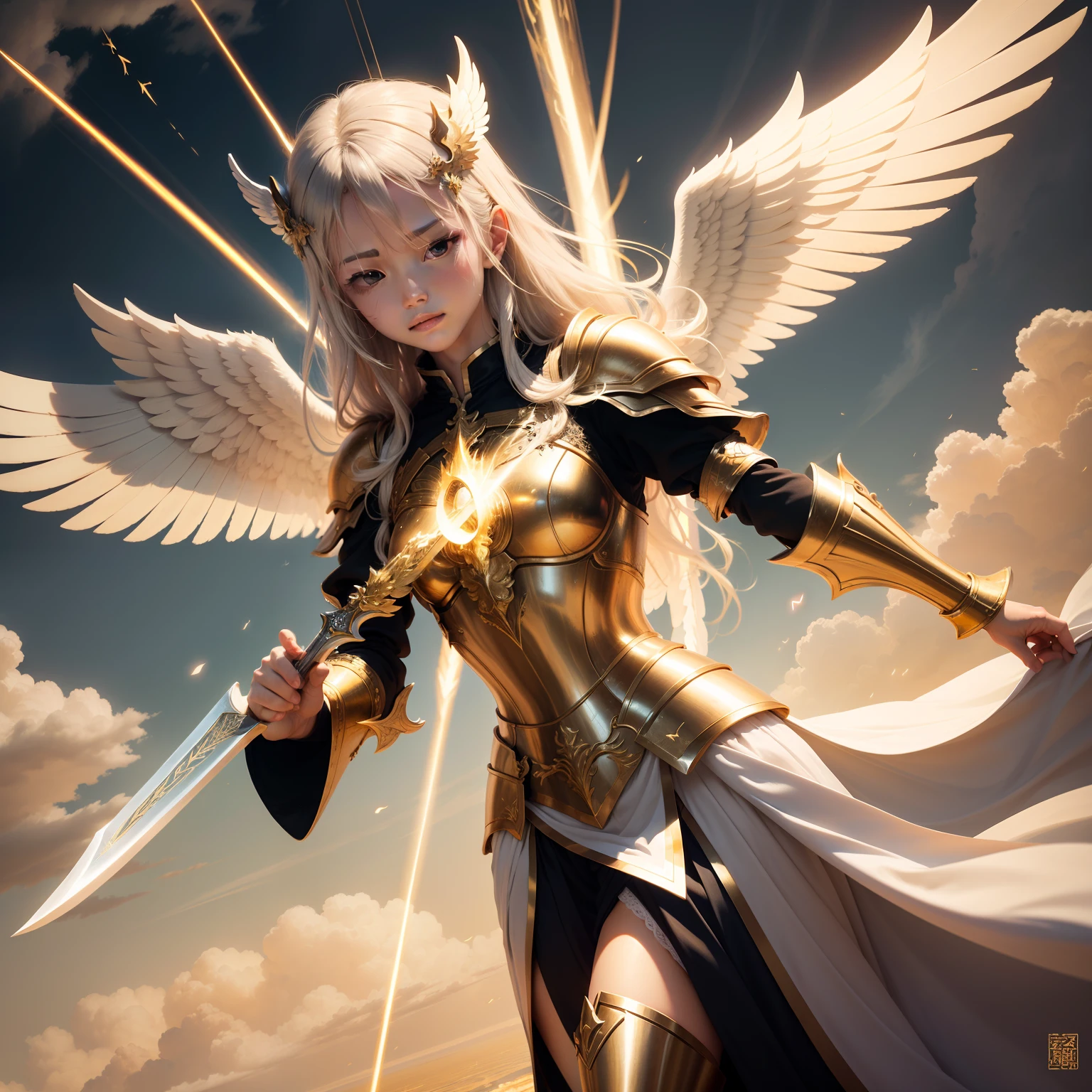 Six-winged angel from another world,Holding the Sword of Light,Wearing armor,Auspicious clouds that emit golden light all around,Brilliant light and shadow,Music like the sound of nature,Sacred and solemn atmosphere。