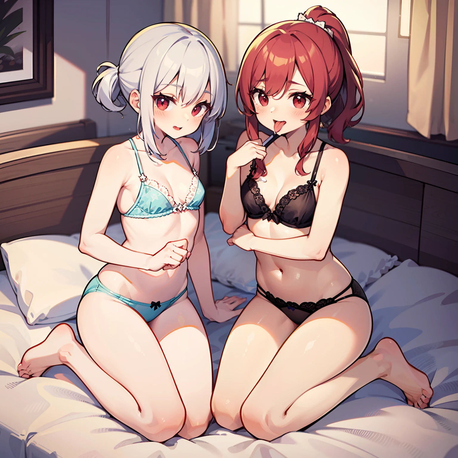 super fine illustrations,Animate,1 boy,Lewd expression,Sexy,Gay,pleasant sensation,vehement,Bed,perspired,barechested,Heart to eye,Ponytail hairstyle,Parted bangs,A pink-haired,Red eyes,White skin,Full body like,Femininity,Wear only sexy lace panties,There is a white liquid on the body,Bare male genitalia,There is only one person,Stick out her tongue