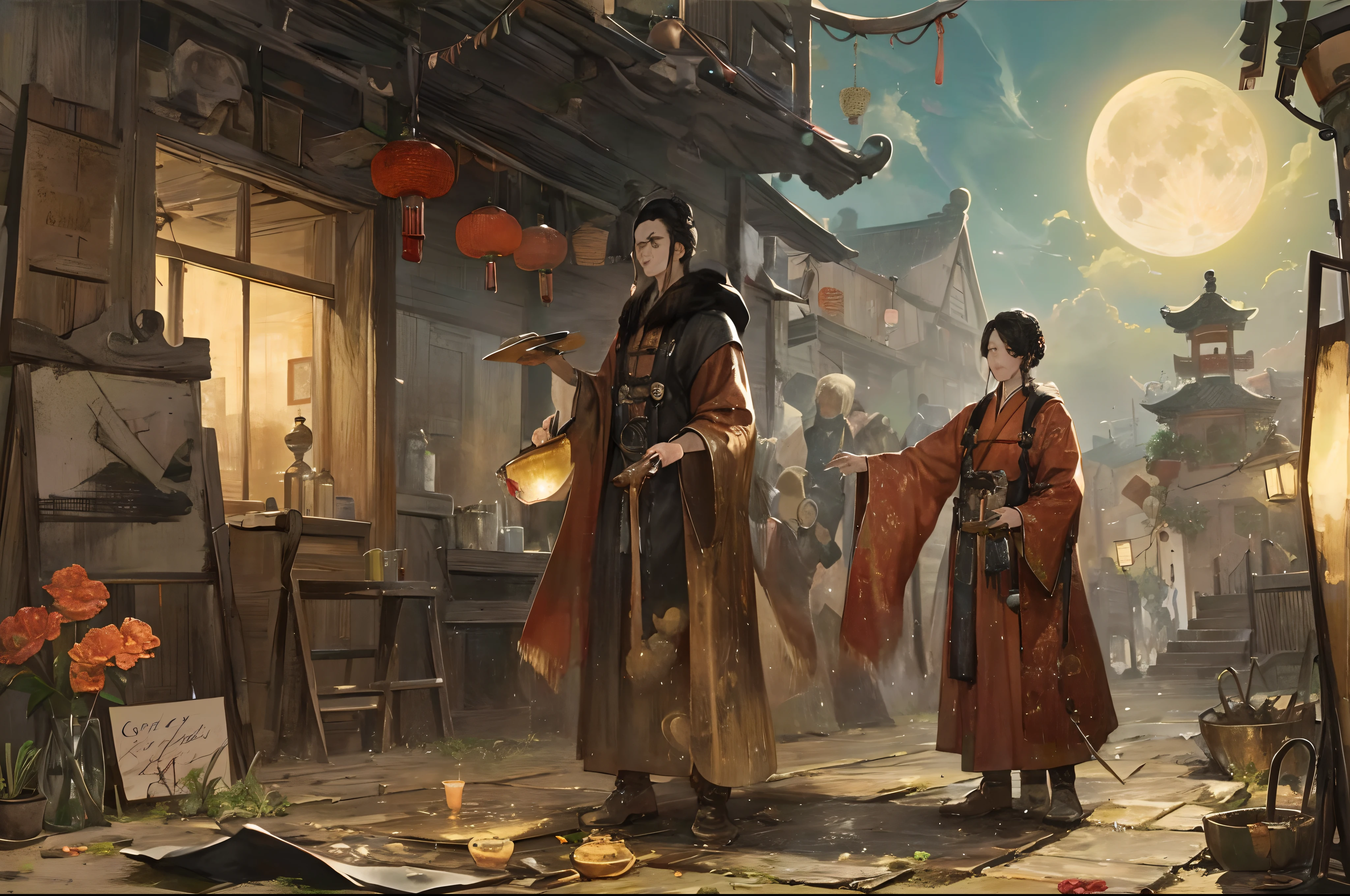 There was a man who poured wine into the well with a wine jug in his hand,There is a broken moon in the well。Please paint in the two-dimensional Chinese style