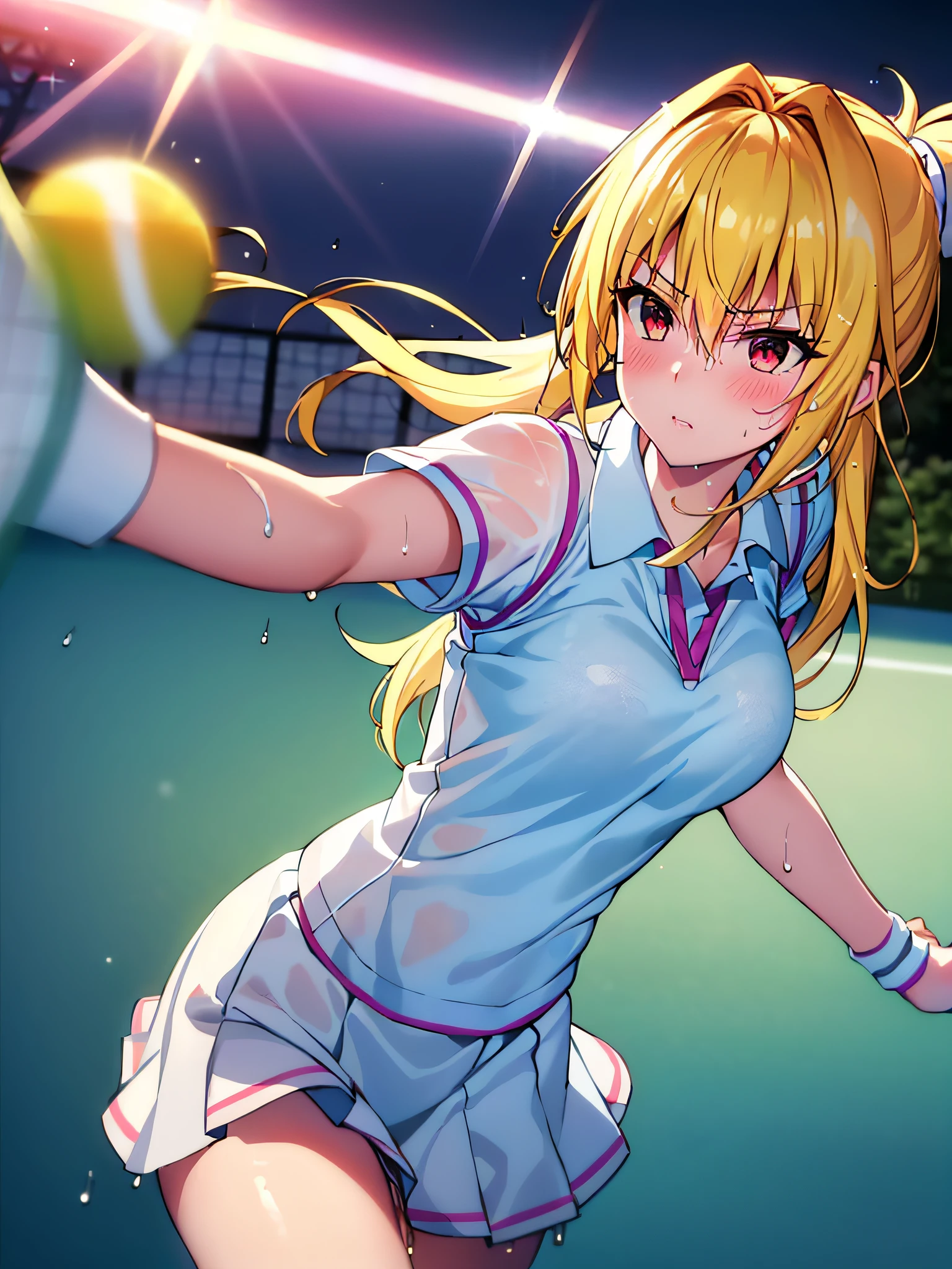 Masterpiece++, Best quality++, Ultra-definition++, Ultra-definition++, 4k++, 8k++, (background focus)++, very detailed, ((tennis court))++, (((Tolove Ru Yami)) )+++, ((tennis player)), (((tennis uniform)))+++, ((mature woman playing tennis ball))++, (tennis racket), blush, (list on wrist band), (blond hair), (super shiny hair and skin), (sunlight), ((beautiful)), sweaty body, cleavage, lively, sweating, serious expression, perfect eyes , perfect hands, perfect nose, ToLOVE Ru Yami, bright atmosphere, (wet effect)+, (light effect), (cinematic light)+, (light cinematic)+