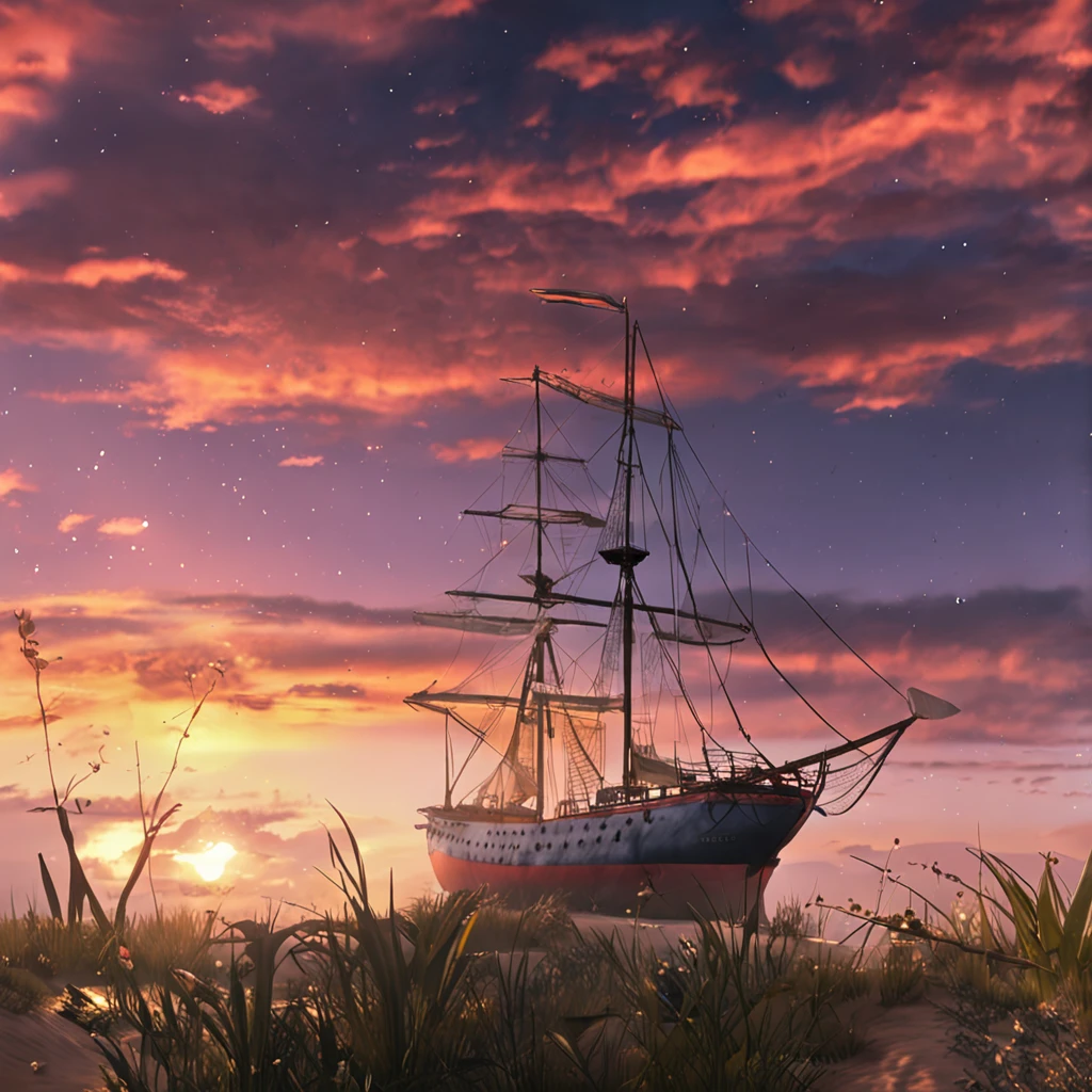 a ilha de Cartago, nascer do sol, starly sky, galaxias, esquadra de navios antigos, 4k, ultra realista, Kinematic ::n_style drawing, Low quality imperfection, doll, game, anime