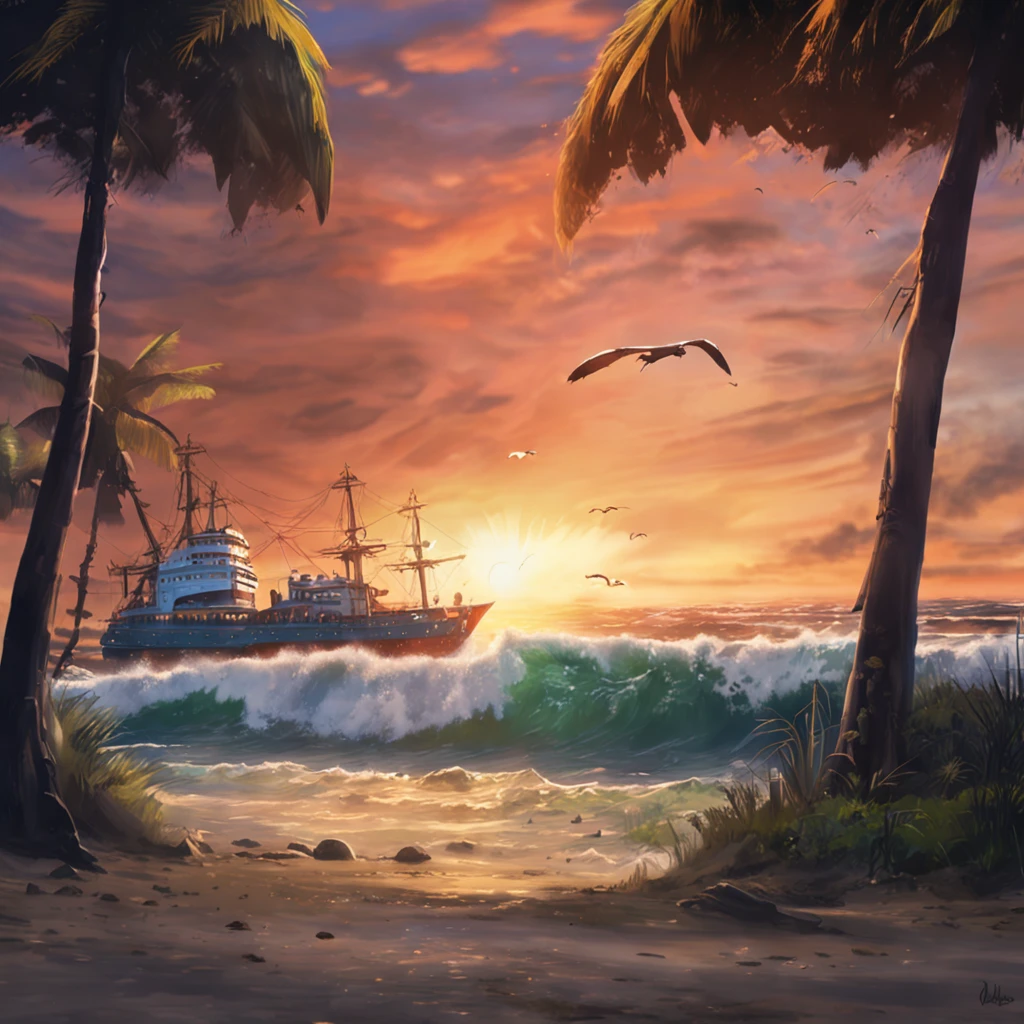 a ilha de Cartago, nascer do sol, starly sky, galaxias, esquadra de navios antigos, 4k, ultra realista, Kinematic ::n_style drawing, Low quality imperfection, doll, game, anime