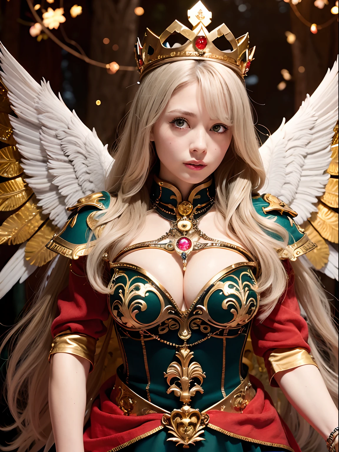 (masutepiece), Professional , masterpiece、top-quality、photos realistic , depth of fields (Gemstone Silver Metal Body:1.9),(Matte White、(Gangle's forest background),(Brown hair long straight)、Jewel Gold Weapon、(Castle background),Gorgeous metal weapons,(Detailed and realistic angel white wings) , Detailed Sword of the Brave , Beautiful knife 、delicated face、20 years girl ,warhammer 40k , adepta sororitas,Detail and ornate jewel crown、a blond、(Gangle's forest background)、Beautiful Caucasian beauty、1a person、dynamic ungle,(((Detailed and ornate diamond crown)))、Smaller head、A smile、Powerful poses、Beautiful thin fingers of a woman、cleavage of the breast、