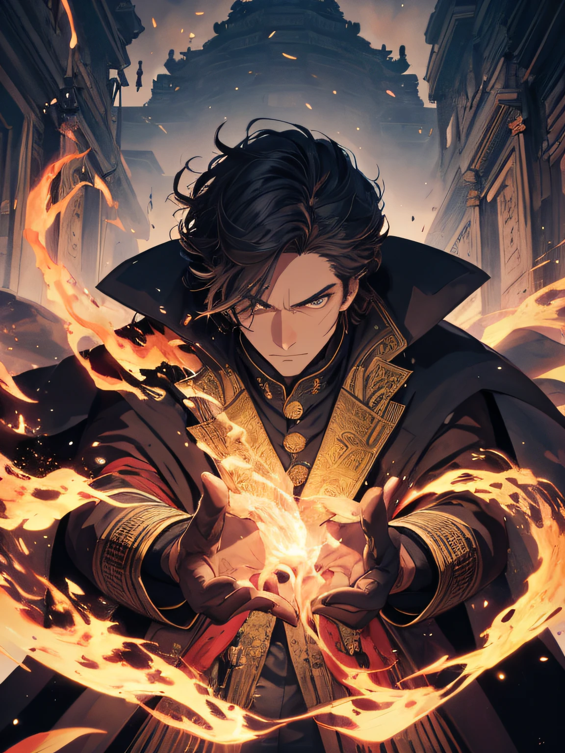 "Picture of a man in a long coat, against the backdrop of an ancient temple, holding the fire, full portrait of elementalist. With a brave expression on his face, the best effect for this scene is achieved using watercolor technique."