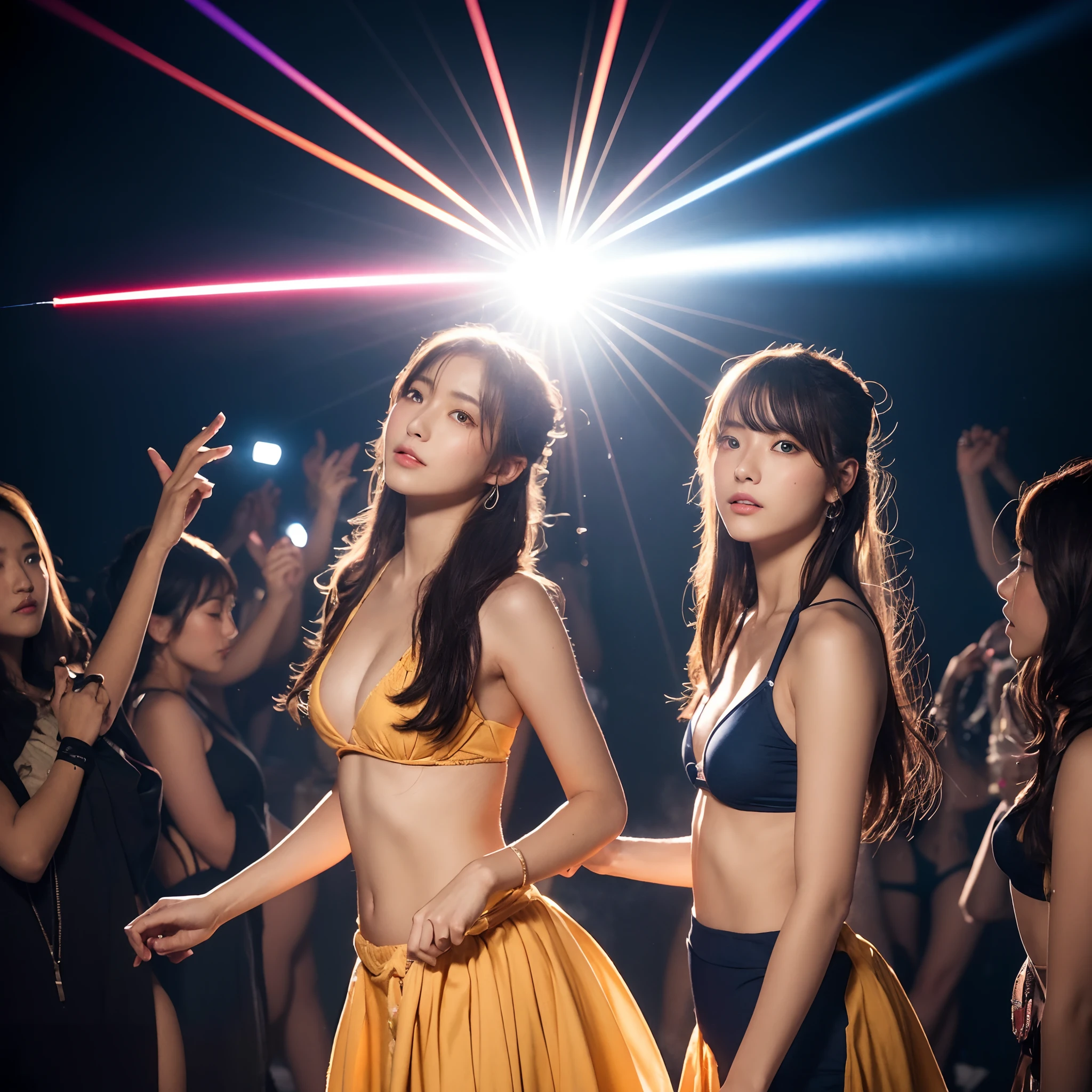 (in 8K、top-quality、超A high resolution、​masterpiece:1.2)、(Photorealsitic:1.4)、(detailed skins:1.3)、Beautiful Japan girl at 18 years old、(Detail Eye) 、女の子1人、(Rave Festival at night)、(The bikini)、Sweaty skin、long hair of bright colors、LED Screen Monitor、stage lighrt、Lit up、Stage lighting、laser beam、festival、Lens flare and high resolution texture GPT-3.5、Elaborate CG、cowboy  shot、beautiful  lighting、lighting like a movie、Background SSR Card Design、prisma、kirakira、(foco nítido)