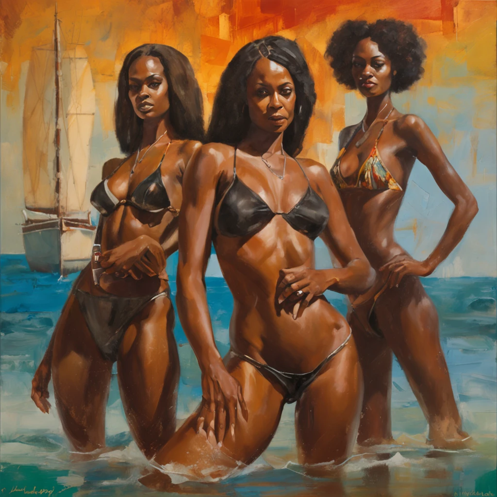 Photograph of a group of four beautiful black women in bikinis at sea, full body, made up faces, brown eyes, small cyberpunk tattoos, straight black hair, yacht around, f/8, 50mm, many fine details, commercial photography, dominant, hyper-realistic, hyper-maximalistic, ornate, luxurious, menacing, cgsociety, studio backlit poster, 16k, high resolution photography, professional color correction, photorealism, maximum quality, maximum detail, cinematic, long exposure, 8K, Ultra-HD, cinematic lighting, incredibly detailed and intricate.