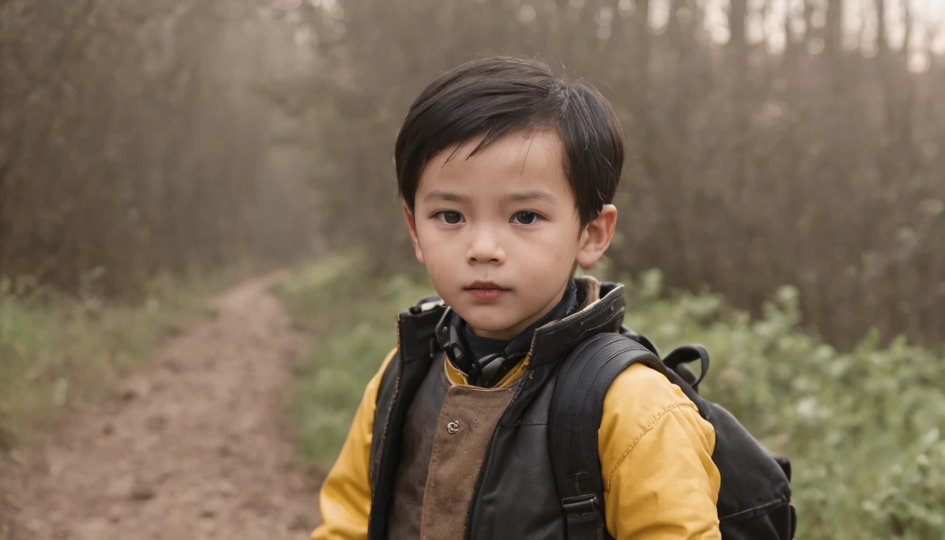 a boy with black hair and yellow boots walks on a trail leading to a village at dawn