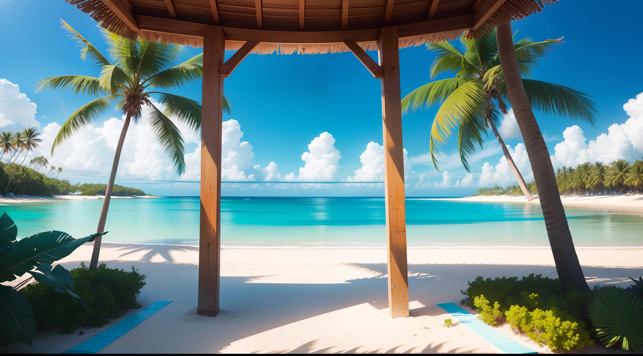 Azure Coastal Escape: Crystal-clear turquoise waters gently kissing the shores of a secluded beach, framed by lush palm trees and a clear blue sky, offering a soothing coastal escape.