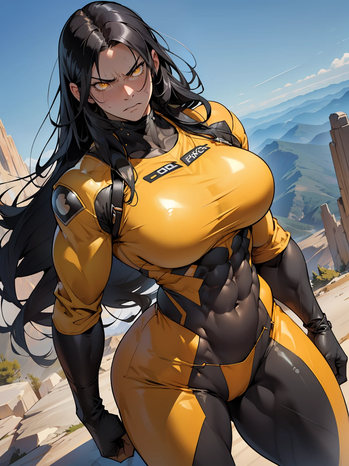 ((1 girl)), solo, black hair, extremely long hair, yellow eyes, (angry), pale skin, (((((((muscular))))))), ((thick thighs)), ((huge breasts)), (((pilot suit))), (((wide hips))), mountain range background, (sweaty), (shiny skin)