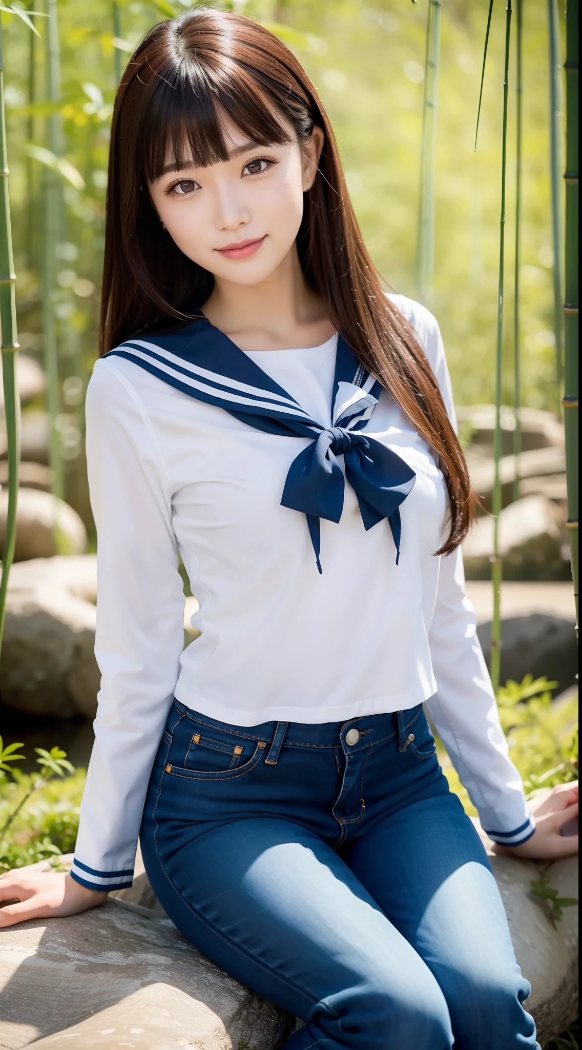 a pregirl,Thirty year old, ssmile, (frontage)looking at viewert, sailor uniformm,skintight jeans, photore, realisticlying, Best quality at best, employee, 详细的脸, Sitting on a large rock in the middle of a bamboo forest, detailed back ground, diffuselighting, depth of fields, Background bokeh