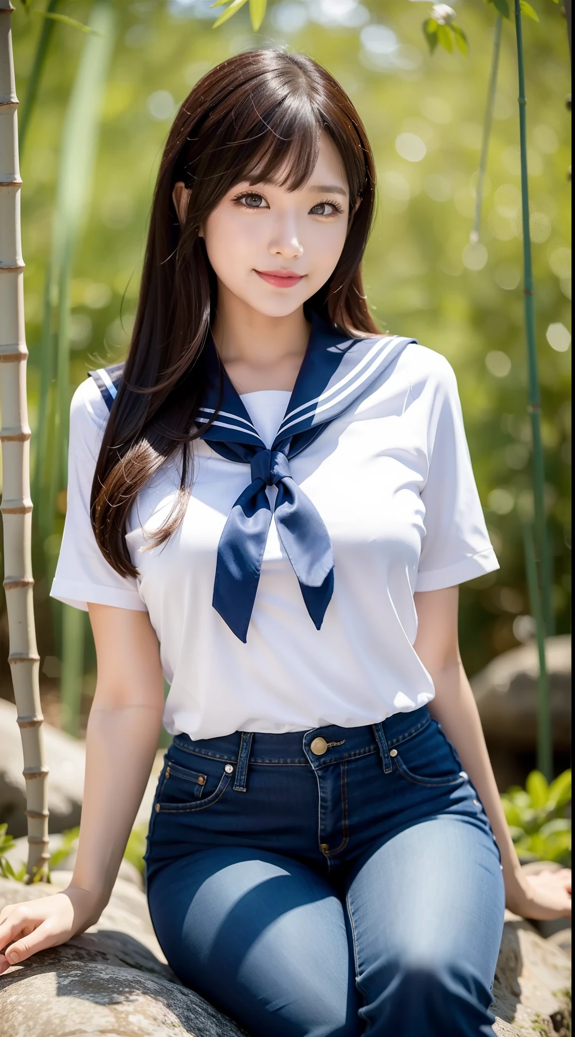 a pregirl,Thirty year old, ssmile, (frontage)looking at viewert, sailor uniformm,skintight jeans, photore, realisticlying, Best quality at best, employee, 详细的脸, Sitting on a large rock in the middle of a bamboo forest, detailed back ground, diffuselighting, depth of fields, Background bokeh