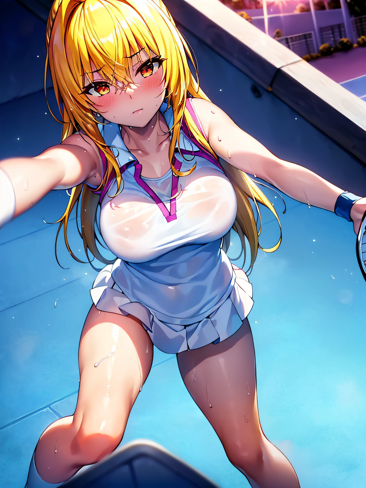 Masterpiece++, Best quality++, Ultra-definition++, Ultra-definition++, 4k++, 8k++, (background focus)++, very detailed, ((tennis court))++, (((Tolove Ru Yami)) )+++, ((tennis player)), (((tennis uniform)))+++, ((mature woman playing tennis ball))++, (tennis racket), blush, (list on wrist band), (blond hair), (super shiny hair and skin), (sunlight), ((beautiful)), sweaty body, cleavage, lively, sweating, serious expression, perfect eyes , perfect hands, perfect nose, ToLOVE Ru Yami, bright atmosphere, (wet effect)+, (light effect), (cinematic light)+, (light cinematic)+