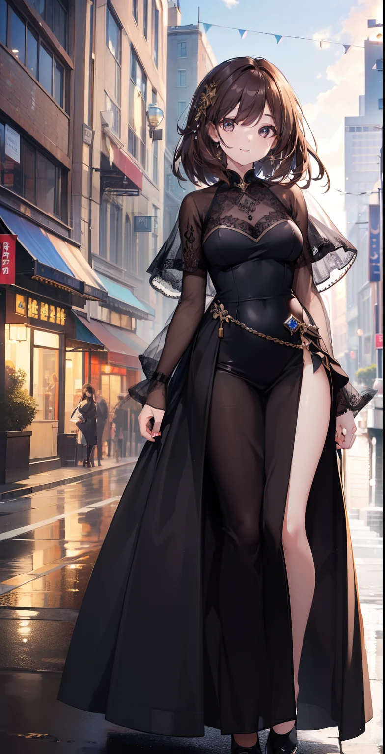 ((Best Quality, 8k, Masterpiece :1.3)), 1girl, smiling, full body, slim face, beautiful woman, (dark brown hair), full length dress: 1.1, ultra-detailed face, detailed eyes, double eyelid, blurred background, thin face, city, outside, street,