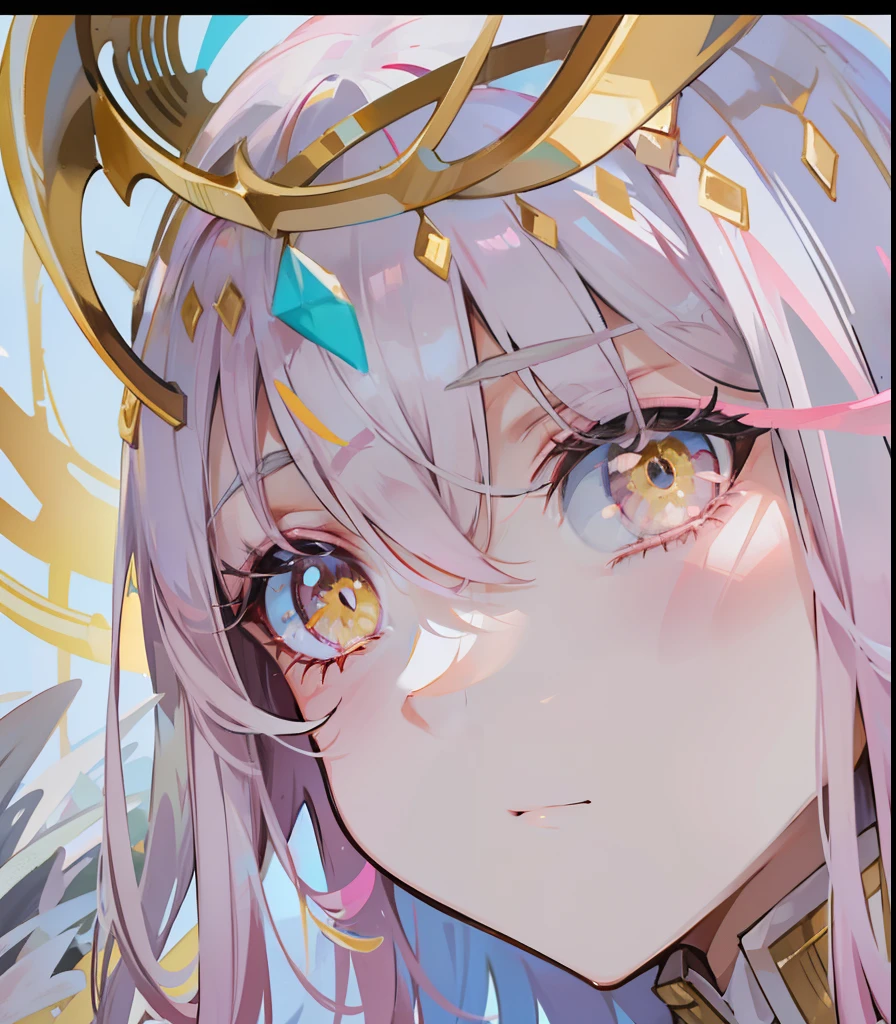 Long pink and white hair,Pink-white wings,Deep yellow pupils,Decorated in brilliant gold,Soft clothes with white and yellow,She is a cute and sweet beautiful girl