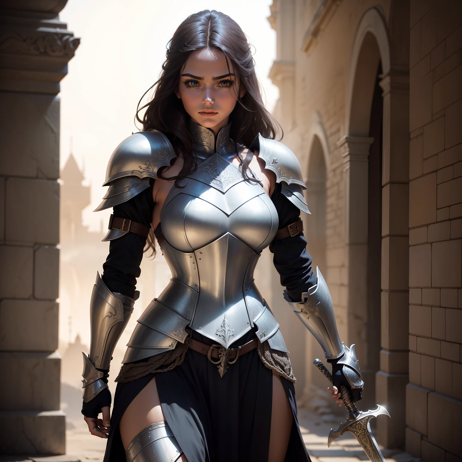 Dressed in armor, a beautiful woman with intricate parts on her body and a sword in hand, she fights to kill her enemies on the battlefield