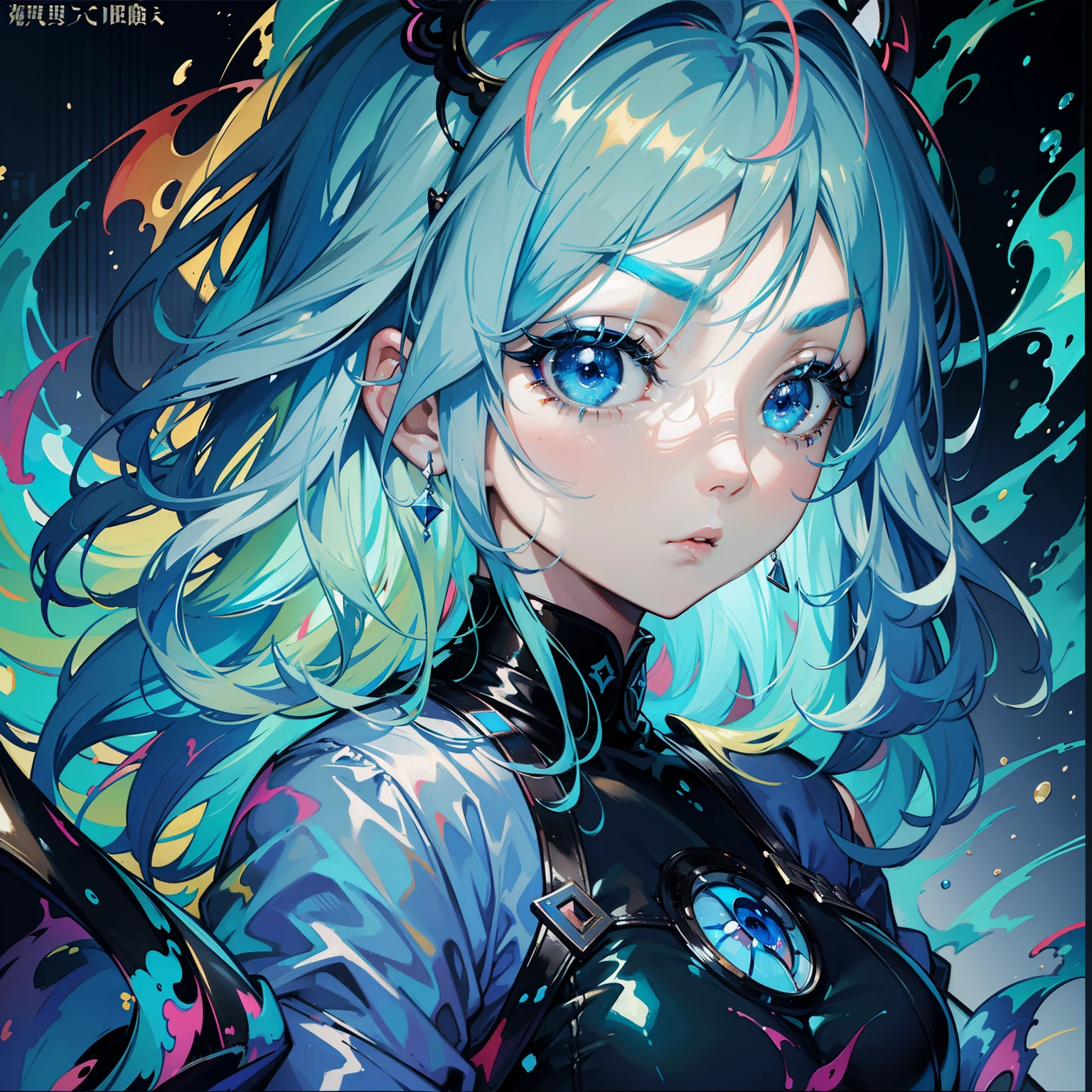 Woman with short light blue hair painting on big canvas、drooping eyebrows、big eye、Dark eyelashes、Blue-based makeup、Colorful colors、（highestdetailed）、（Top image quality）、（独奏:1.3）、（Maximum gloss）、（Best Shadows）