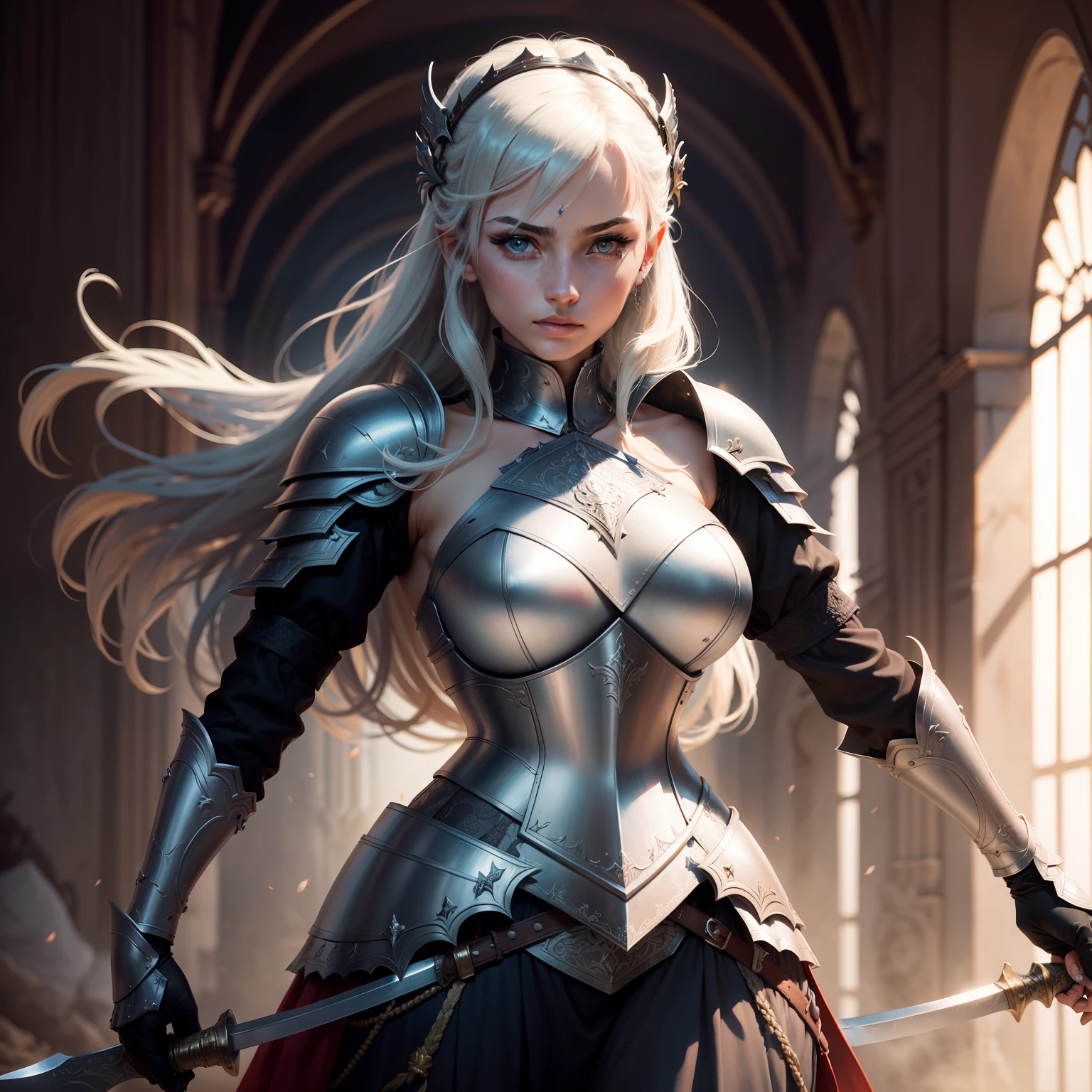 Dressed in armor, a beautiful woman with intricate parts on her body and a sword in hand, she fights to kill her enemies on the battlefield