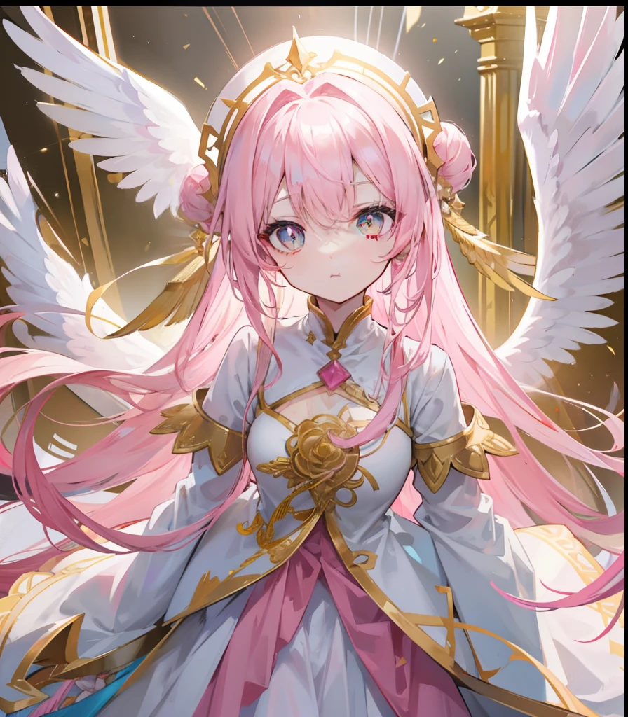 Long pink and white hair，Pink-white wings，Deep yellow pupils，Decorated in brilliant gold，Soft clothes with white and yellow，She is a cute and sweet beautiful girl