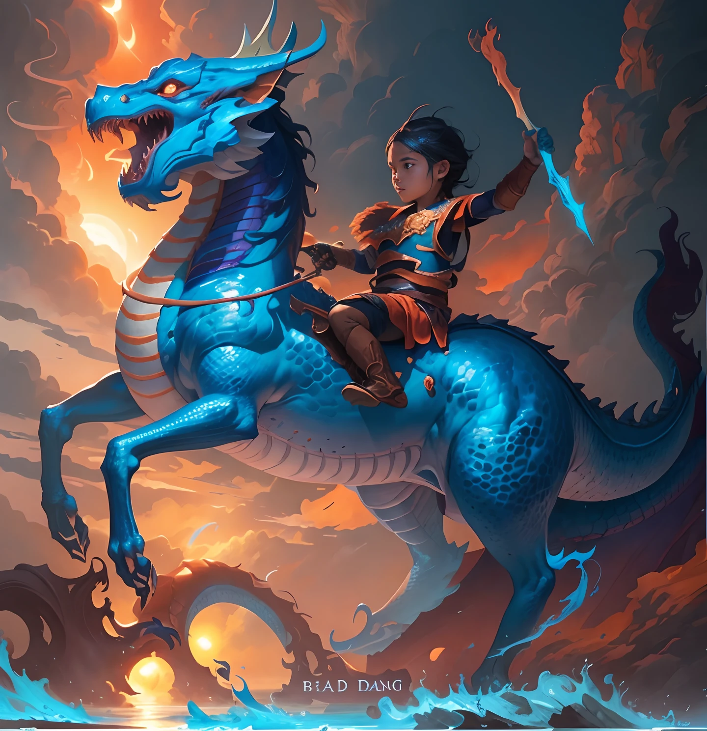 Close-up of a child riding a blue dragon on the beach with orange sun, Dragon Rider, epic fantasy digital art style, Dragon Ride, by Yang J, Rob Ray, epic fantasy art style, Epic Fantasy Illustration, By Jeremy Chong, tithi luadthong, Ross Tran and Michael Whelan, fantasy art behance, by Bayard Wu, by Ryan Yee